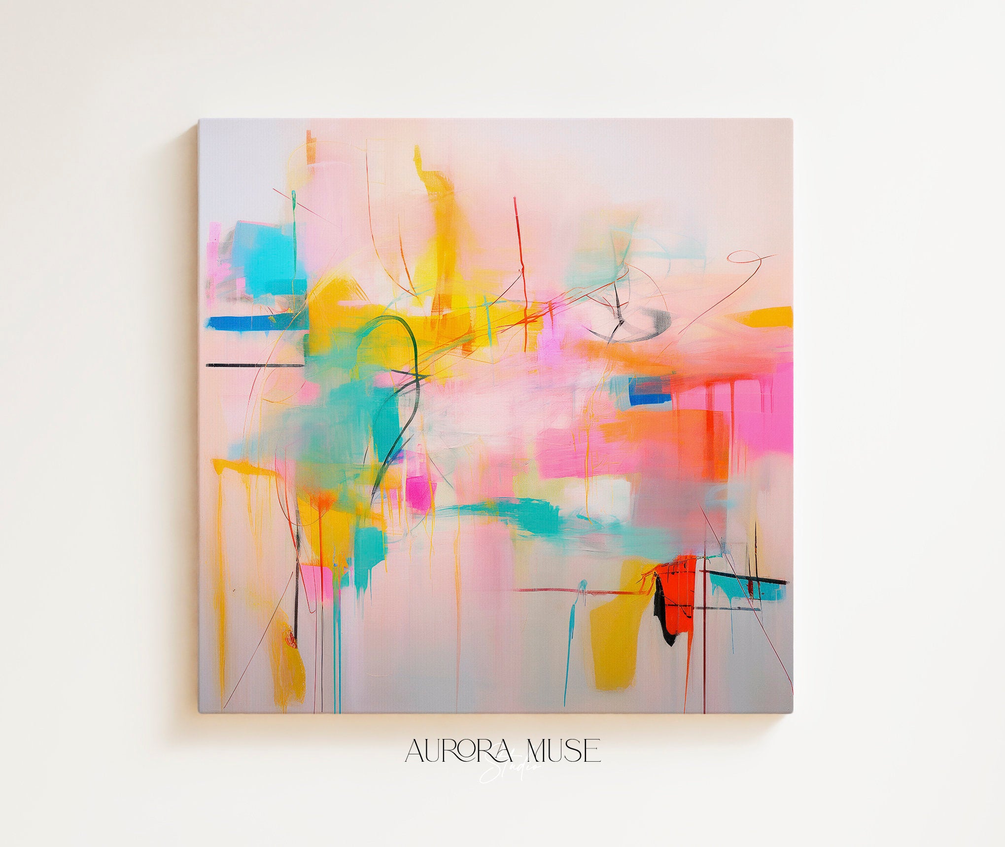 Colorful Square Framed Abstract Wall Art, Vibrant Pink Yellow and Aqua Canvas, Playful Dopamine Decor for Modern Interiors 031 Framed Canvas Art Colorful abstract wall art on framed canvas, perfect for bold decor art and modern wall decor. Large statement piece with expressive brushstrokes and rich textures. Ready-to-hang giclée canvas designed to energize living rooms, offices, and curated interiors. Muse Studio Decor Art.