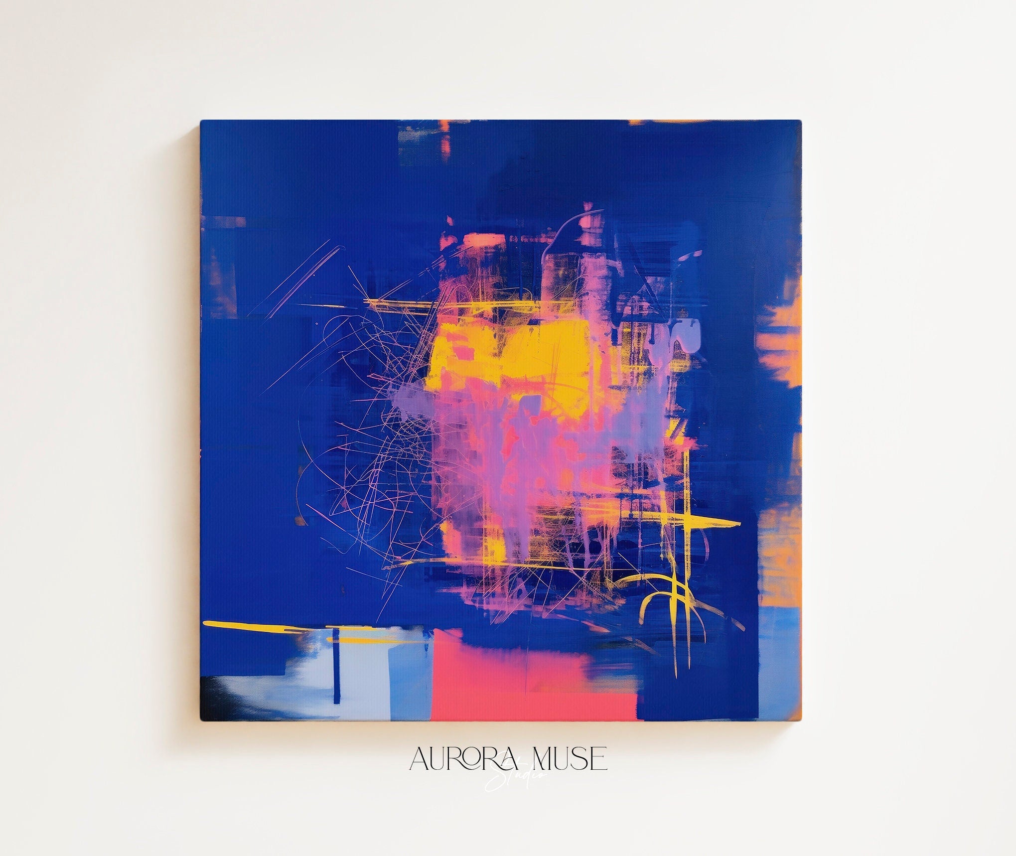 Bright Colorful Framed Abstract Wall Art, Bold Blue and Pink Square Canvas for Eclectic Interiors, Dopamine Decor Statement Piece 002