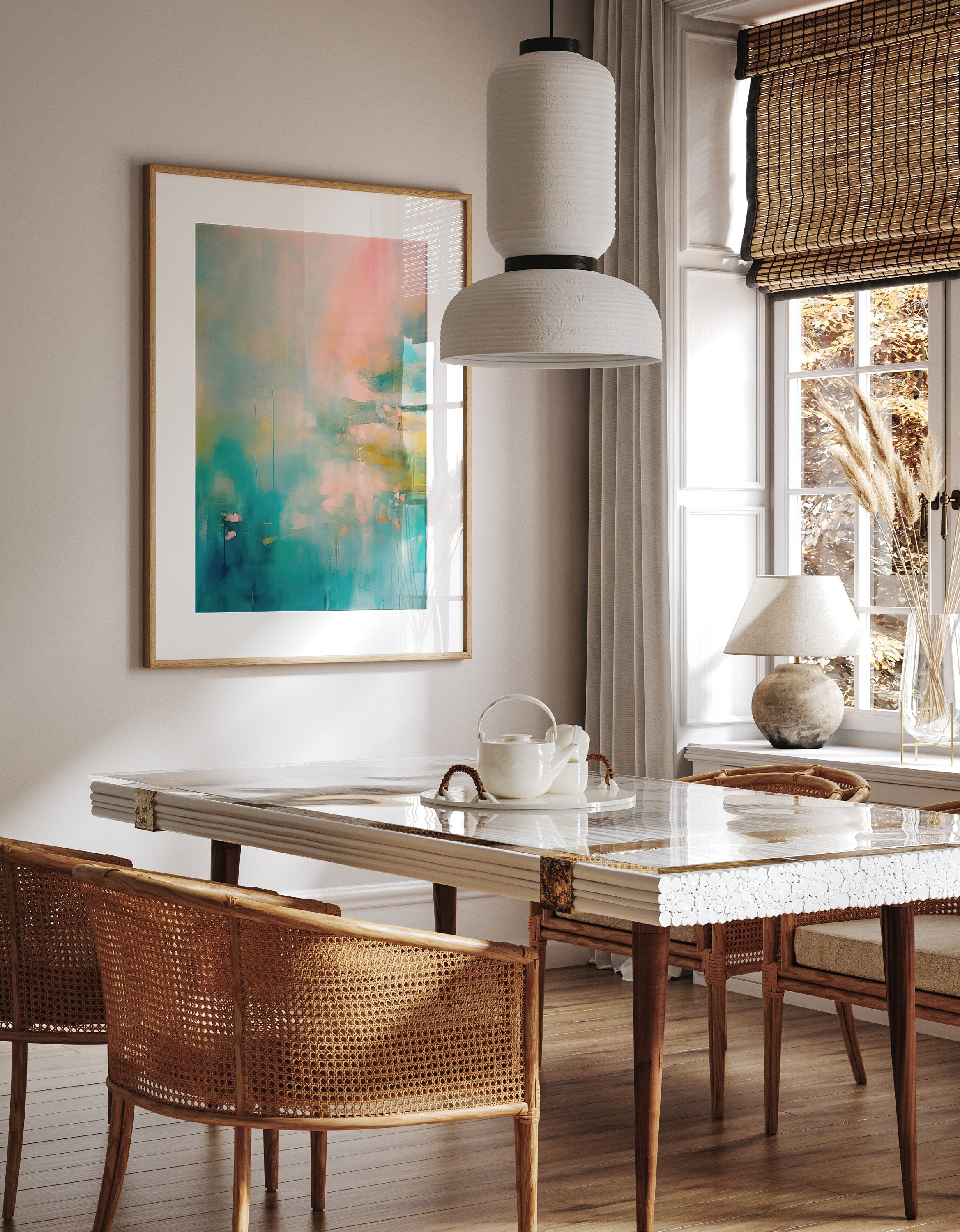 Vertical abstract canvas in teal, aqua, peach, and blush tones with soft contemporary blending and gentle drips; ideal for living rooms, coastal homes, bedrooms, and warm minimalist interiors; gallery-wrapped canvas by Muse Studio.