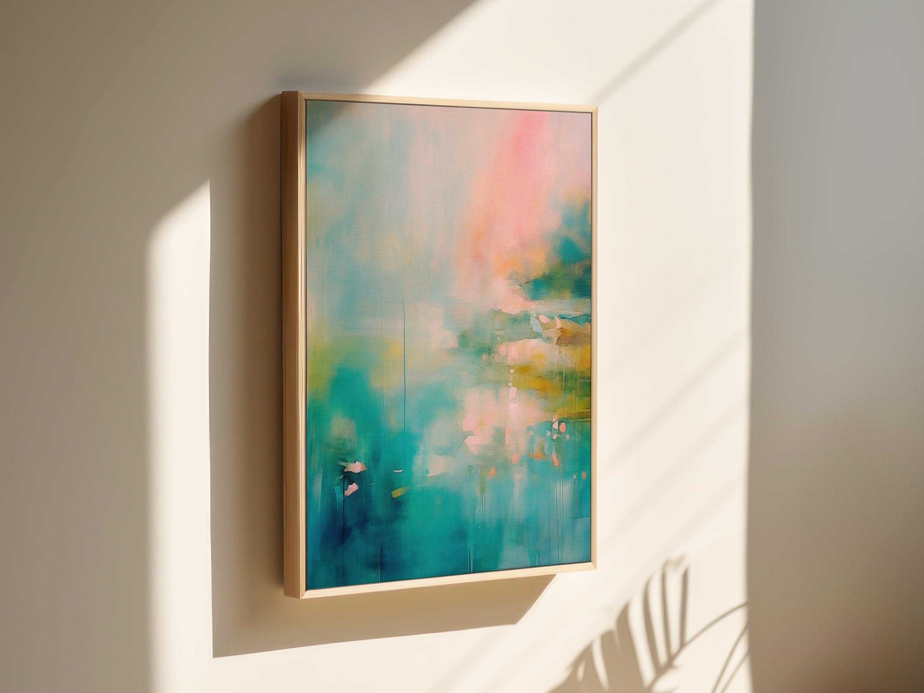 Vertical abstract canvas in teal, aqua, peach, and blush tones with soft contemporary blending and gentle drips; ideal for living rooms, coastal homes, bedrooms, and warm minimalist interiors; gallery-wrapped canvas by Muse Studio.