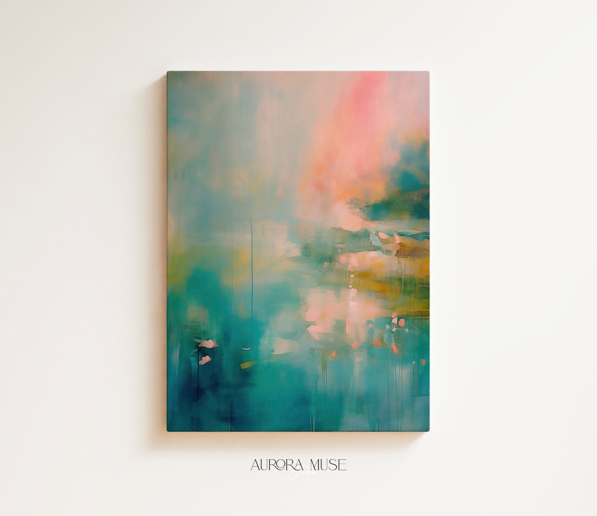 Vertical teal and coral abstract wall art titled “Coral Garden,” featuring ocean-inspired color layers and expressive movement in a vibrant modern style. Ideal for living room or office decor. Available as a framed canvas wall art by Muse Studio.