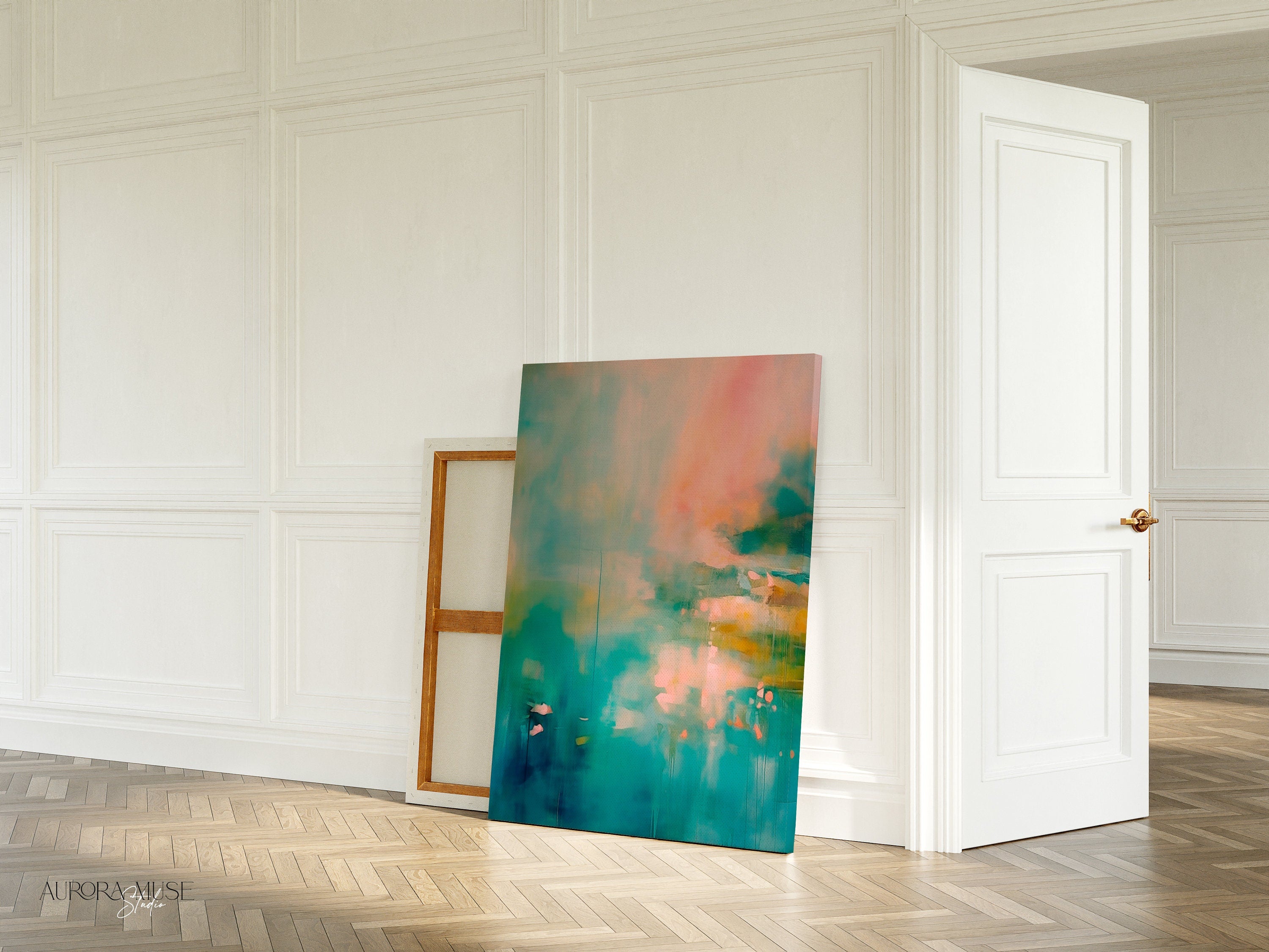 Vertical abstract canvas in teal, aqua, peach, and blush tones with soft contemporary blending and gentle drips; ideal for living rooms, coastal homes, bedrooms, and warm minimalist interiors; gallery-wrapped canvas by Muse Studio.