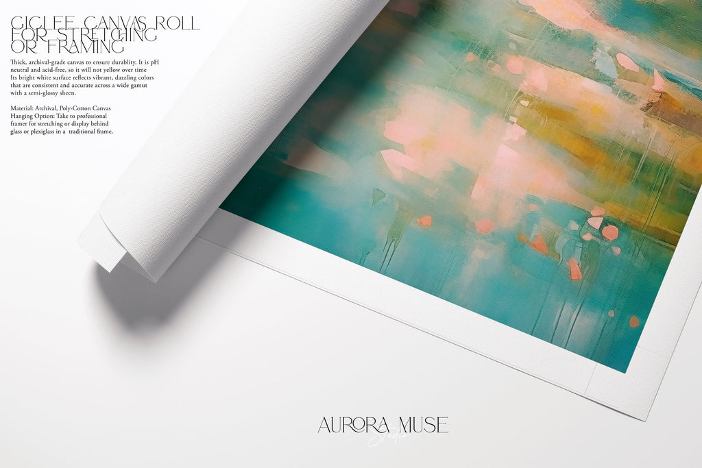 Vertical abstract canvas in teal, aqua, peach, and blush tones with soft contemporary blending and gentle drips; ideal for living rooms, coastal homes, bedrooms, and warm minimalist interiors; gallery-wrapped canvas by Muse Studio.