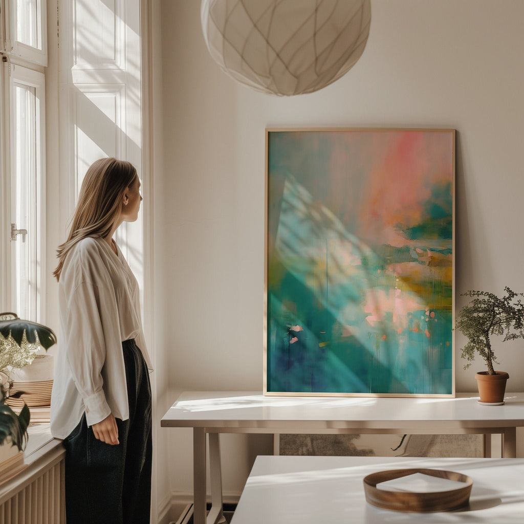 Vertical abstract canvas in teal, aqua, peach, and blush tones with soft contemporary blending and gentle drips; ideal for living rooms, coastal homes, bedrooms, and warm minimalist interiors; gallery-wrapped canvas by Muse Studio.