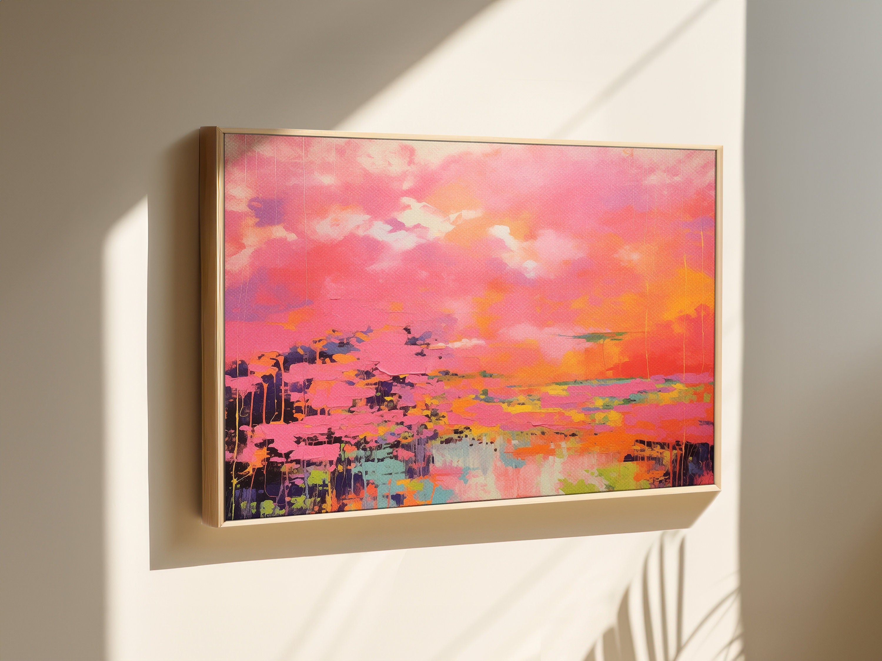 Pink Landscape Wall Art, Abstract horizontal Canvas Print, Bold Colorful Decor Art, Large Framed Statement Art for Living Room & Bedroom 313