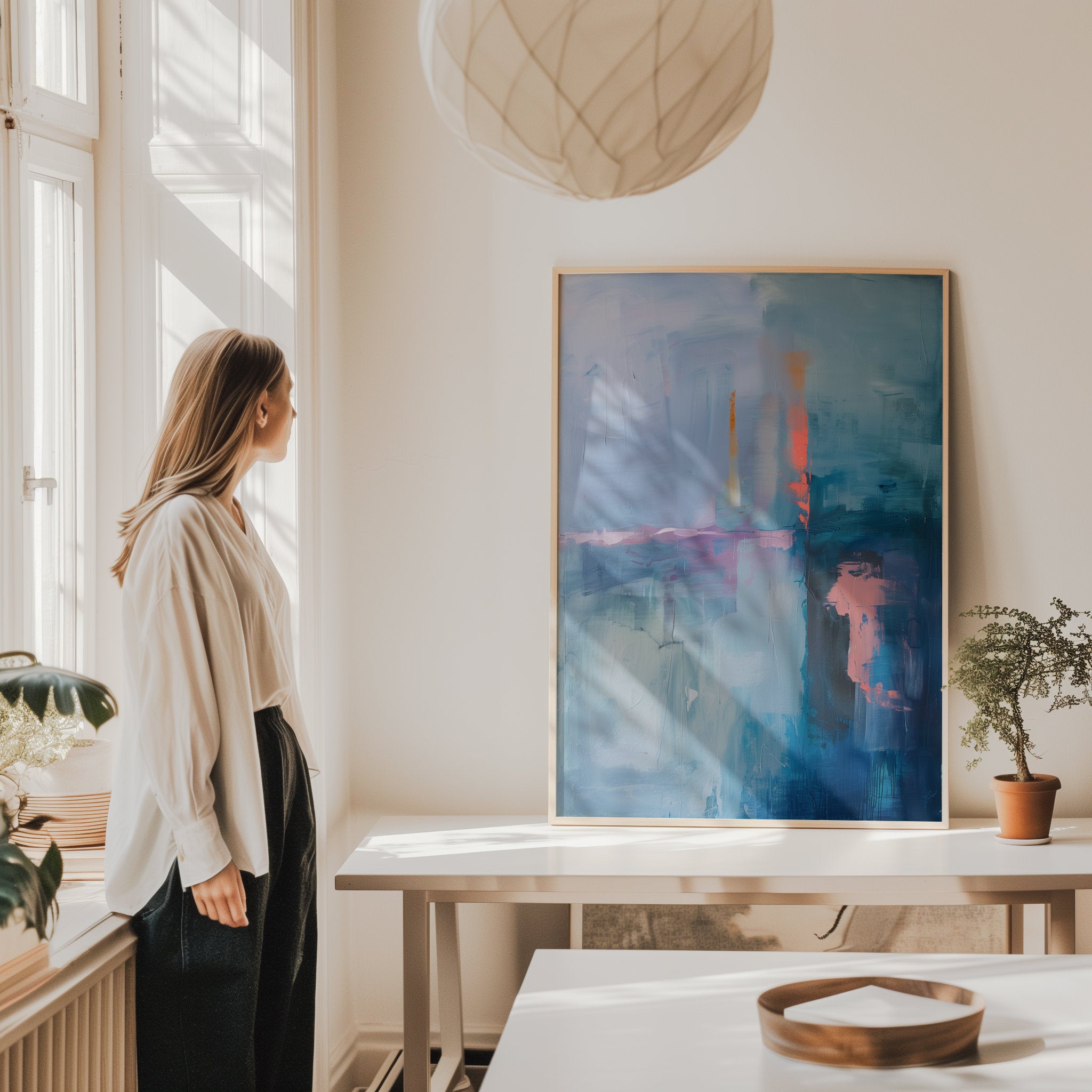Blue Teal Pink Abstract Canvas Wall Art, Floating Framed Art, Giclée Print, Large Vertical Bedroom Decor, Soft Contemporary • 264