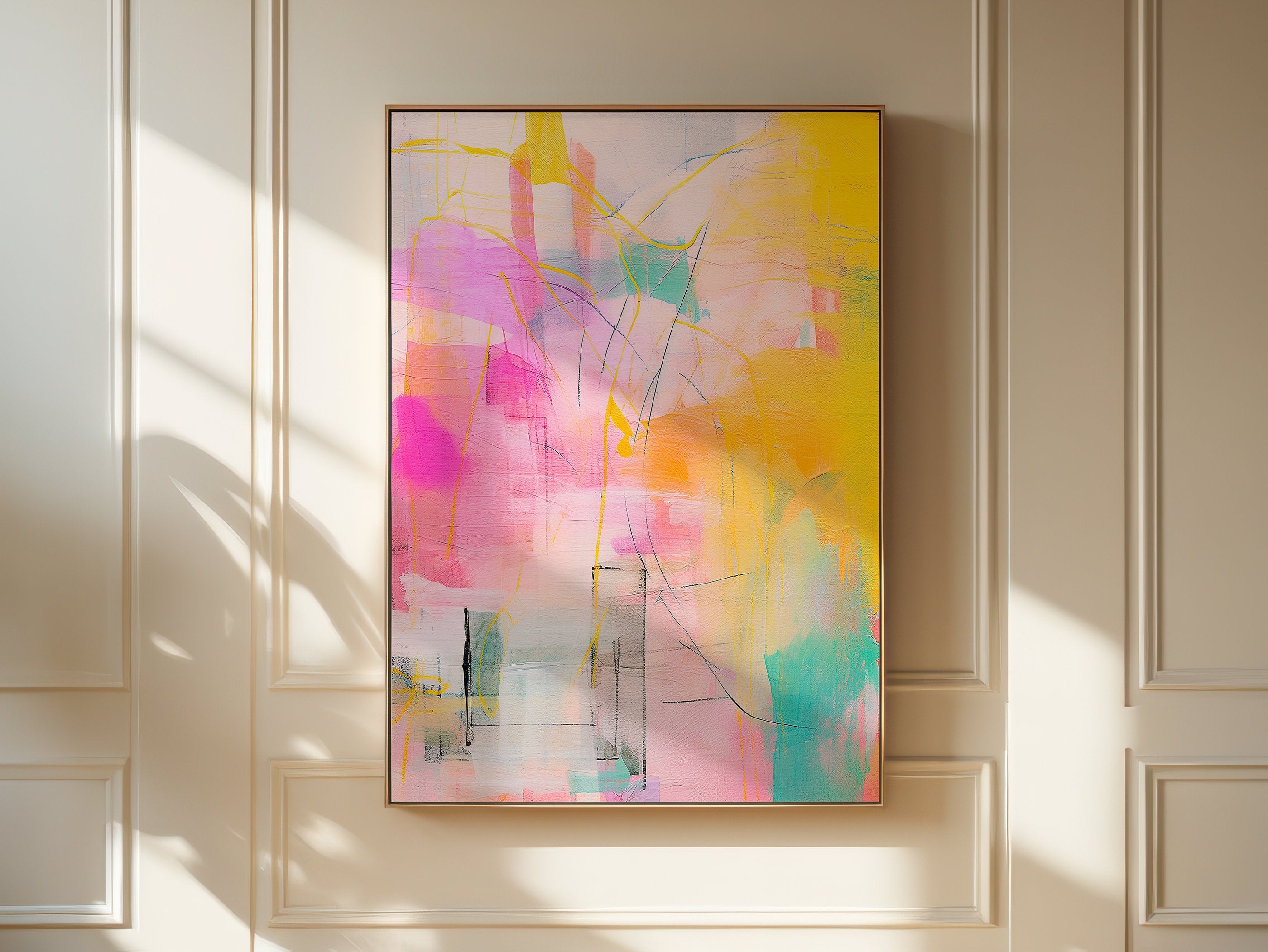 Pink and teal abstract canvas wall art by Muse Studio featuring bright blush, aqua, teal, and cream tones with joyful painterly movement. Premium gallery-wrapped cotton canvas printed with museum-grade giclée inks, styled for a kids room, nursery, playroom, bedroom, or colorful modern home decor
