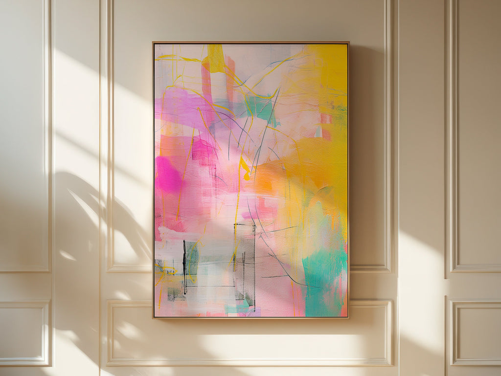 Pink and teal abstract canvas wall art by Muse Studio featuring bright blush, aqua, teal, and cream tones with joyful painterly movement. Premium gallery-wrapped cotton canvas printed with museum-grade giclée inks, styled for a kids room, nursery, playroom, bedroom, or colorful modern home decor