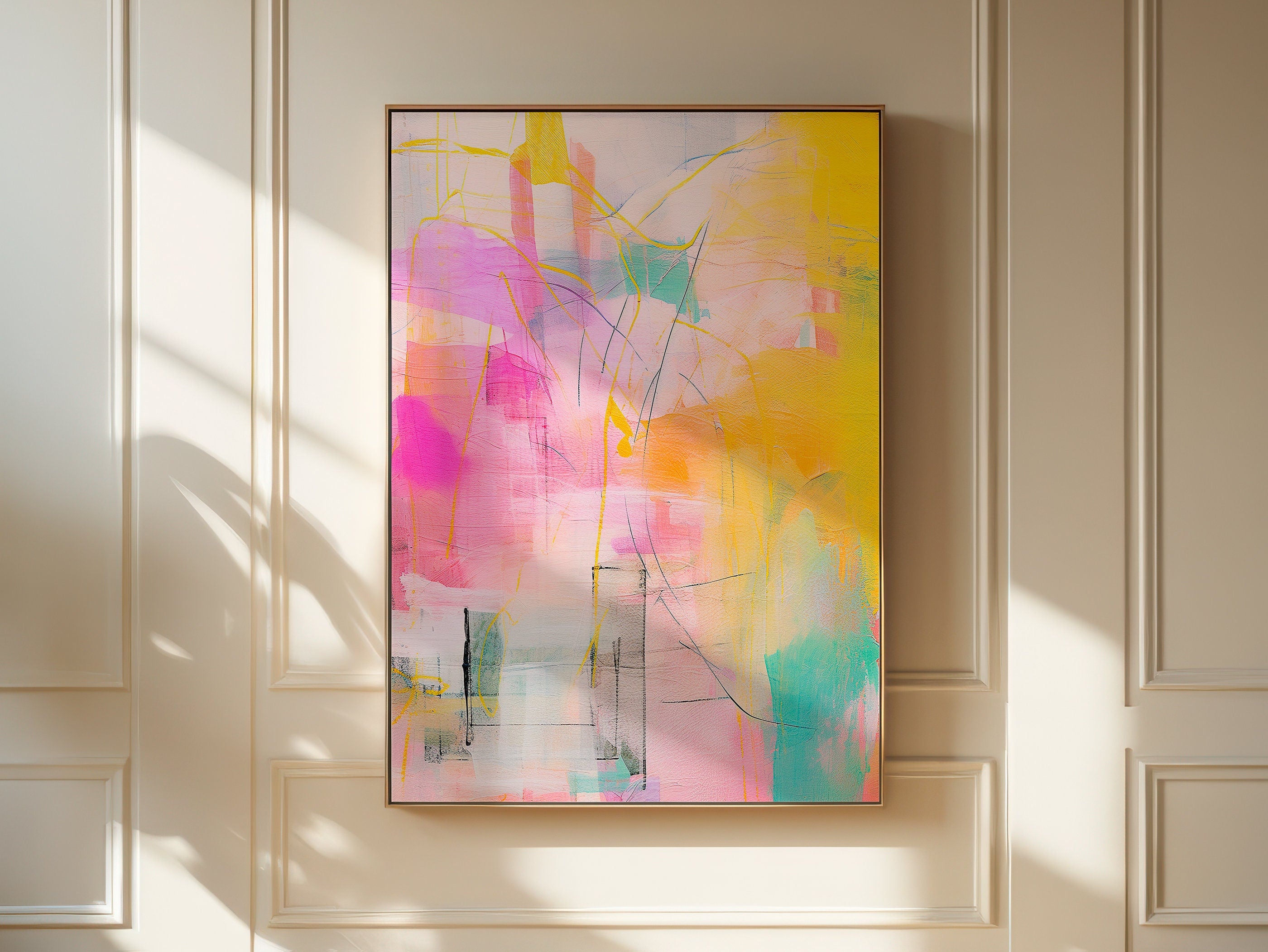 Pink and teal abstract canvas wall art by Muse Studio featuring bright blush, aqua, teal, and cream tones with joyful painterly movement. Premium gallery-wrapped cotton canvas printed with museum-grade giclée inks, styled for a kids room, nursery, playroom, bedroom, or colorful modern home decor