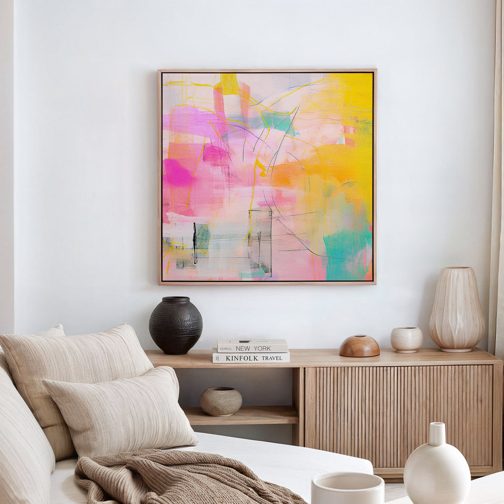 Pink and teal abstract canvas wall art by Muse Studio featuring bright blush, aqua, teal, and cream tones with joyful painterly movement. Premium gallery-wrapped cotton canvas printed with museum-grade giclée inks, styled for a kids room, nursery, playroom, bedroom, or colorful modern home decor