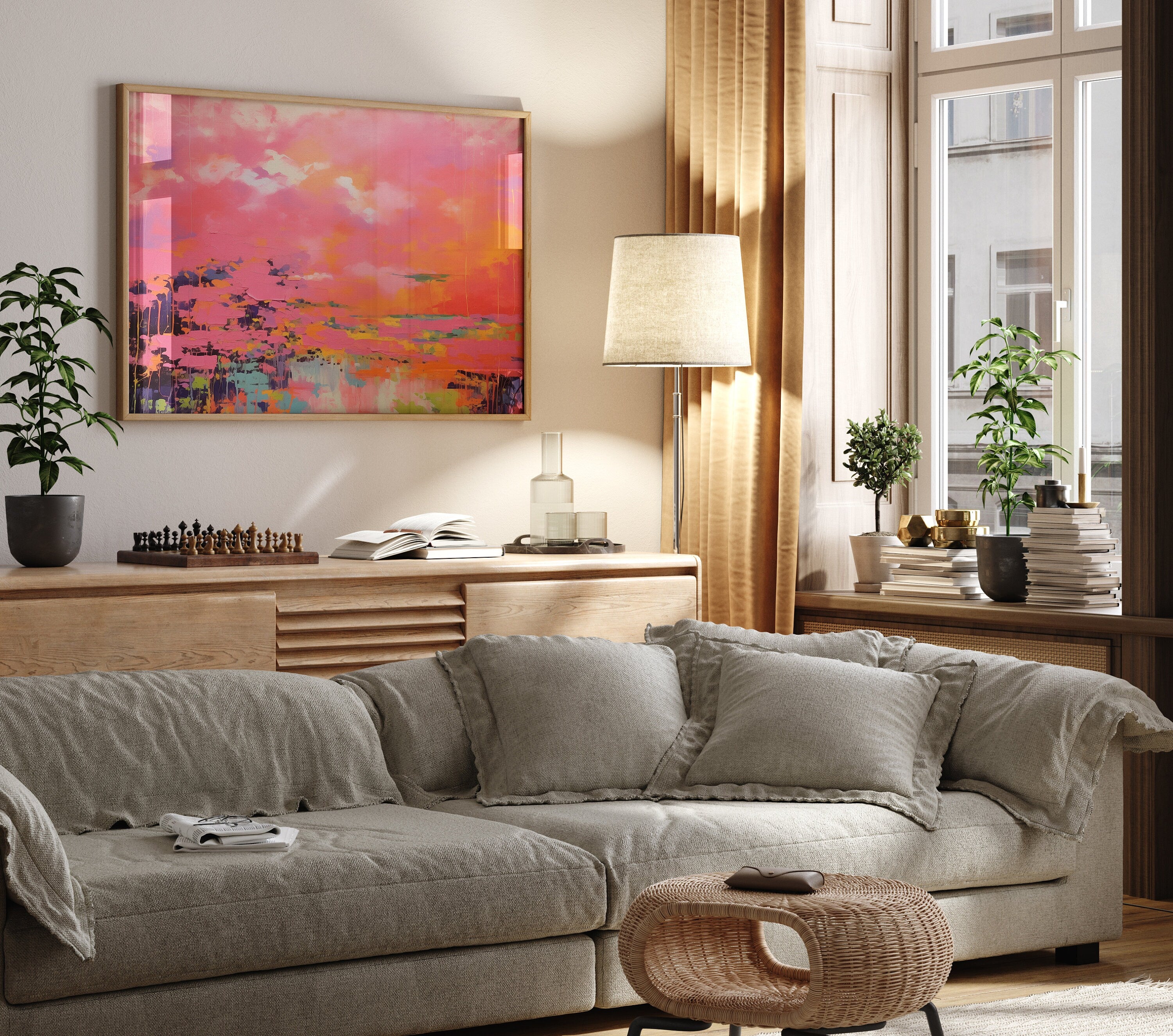 Pink Landscape Wall Art, Abstract horizontal Canvas Print, Bold Colorful Decor Art, Large Framed Statement Art for Living Room & Bedroom 313