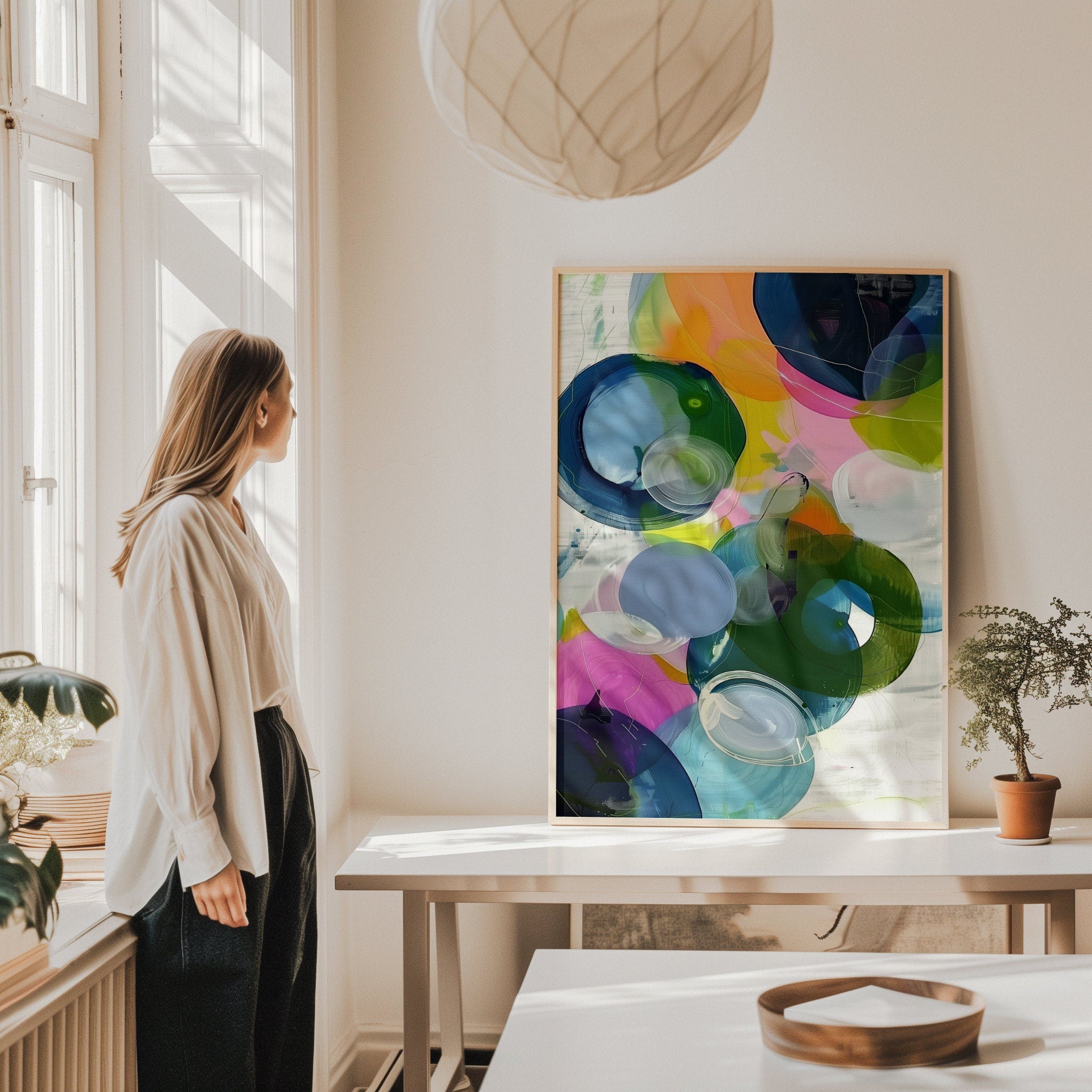 Large Art Print, Colorful Abstract Painting, Framed Large Art, Pink, Blue, Yellow Colorful Home Decor | Aurora Muse 328