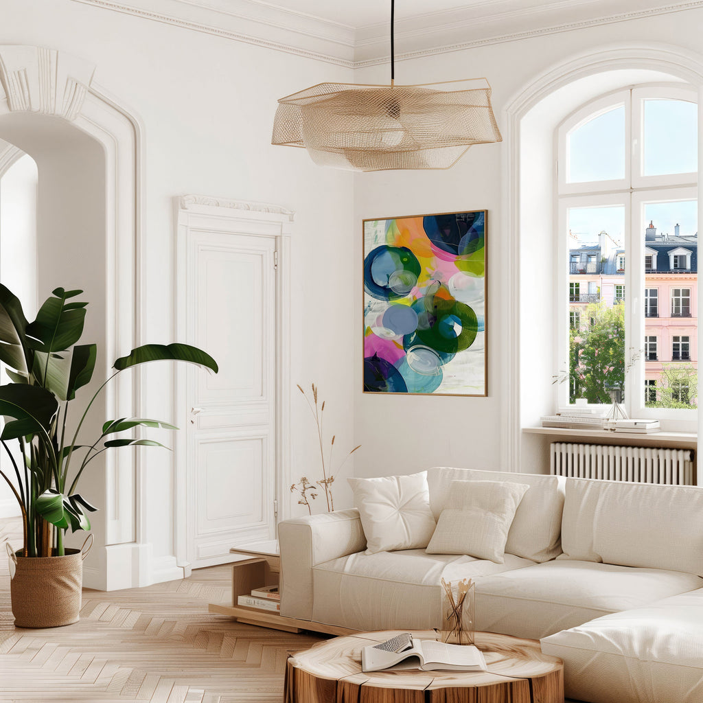 Vertical colorful abstract wall art with expressive pink, blue, and yellow brushstrokes in a vibrant contemporary style. Ideal for modern living rooms, offices, or creative spaces. Available as framed canvas or gallery-wrapped giclée wall art by Muse Studio.
