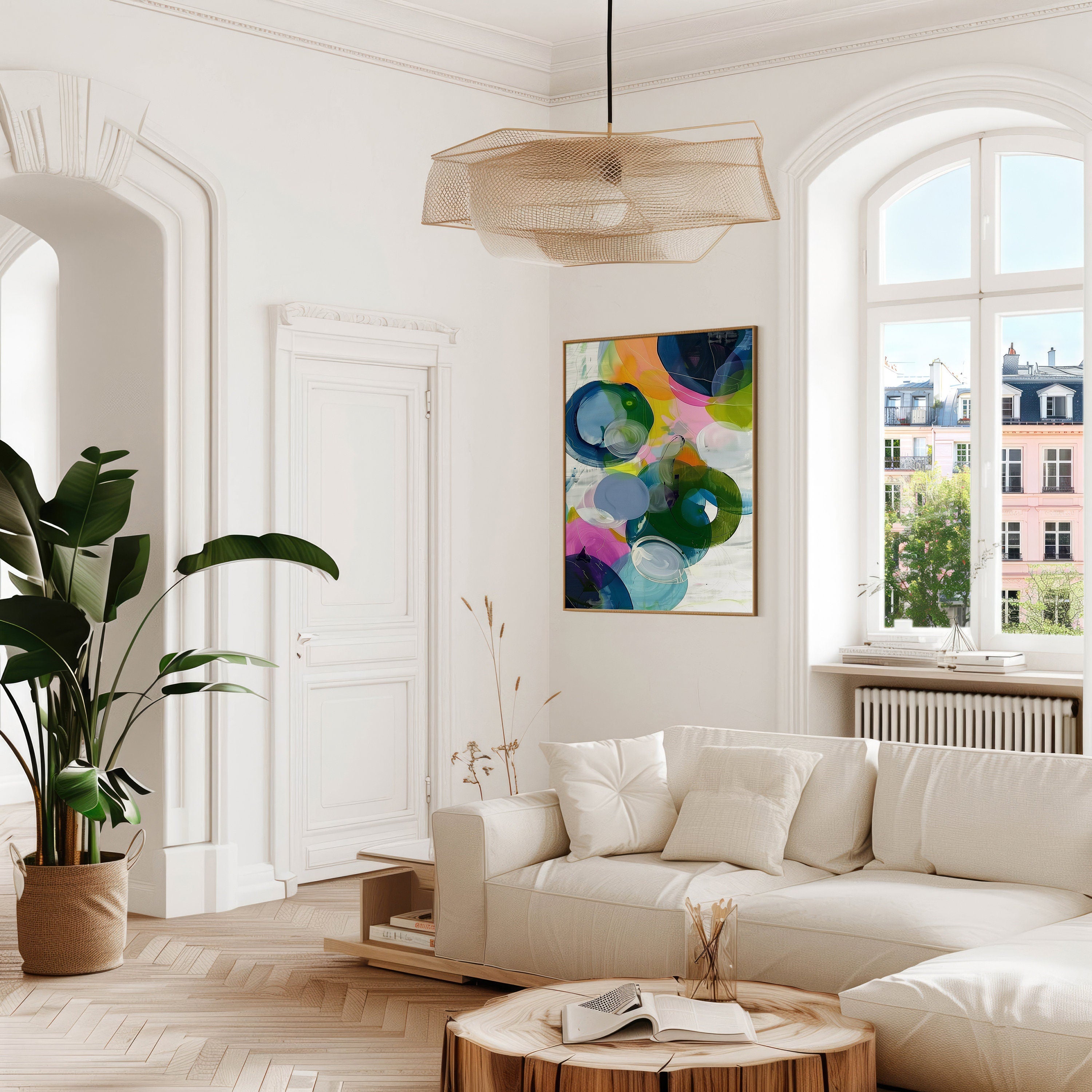 Vertical colorful abstract wall art with expressive pink, blue, and yellow brushstrokes in a vibrant contemporary style. Ideal for modern living rooms, offices, or creative spaces. Available as framed canvas or gallery-wrapped giclée wall art by Muse Studio.