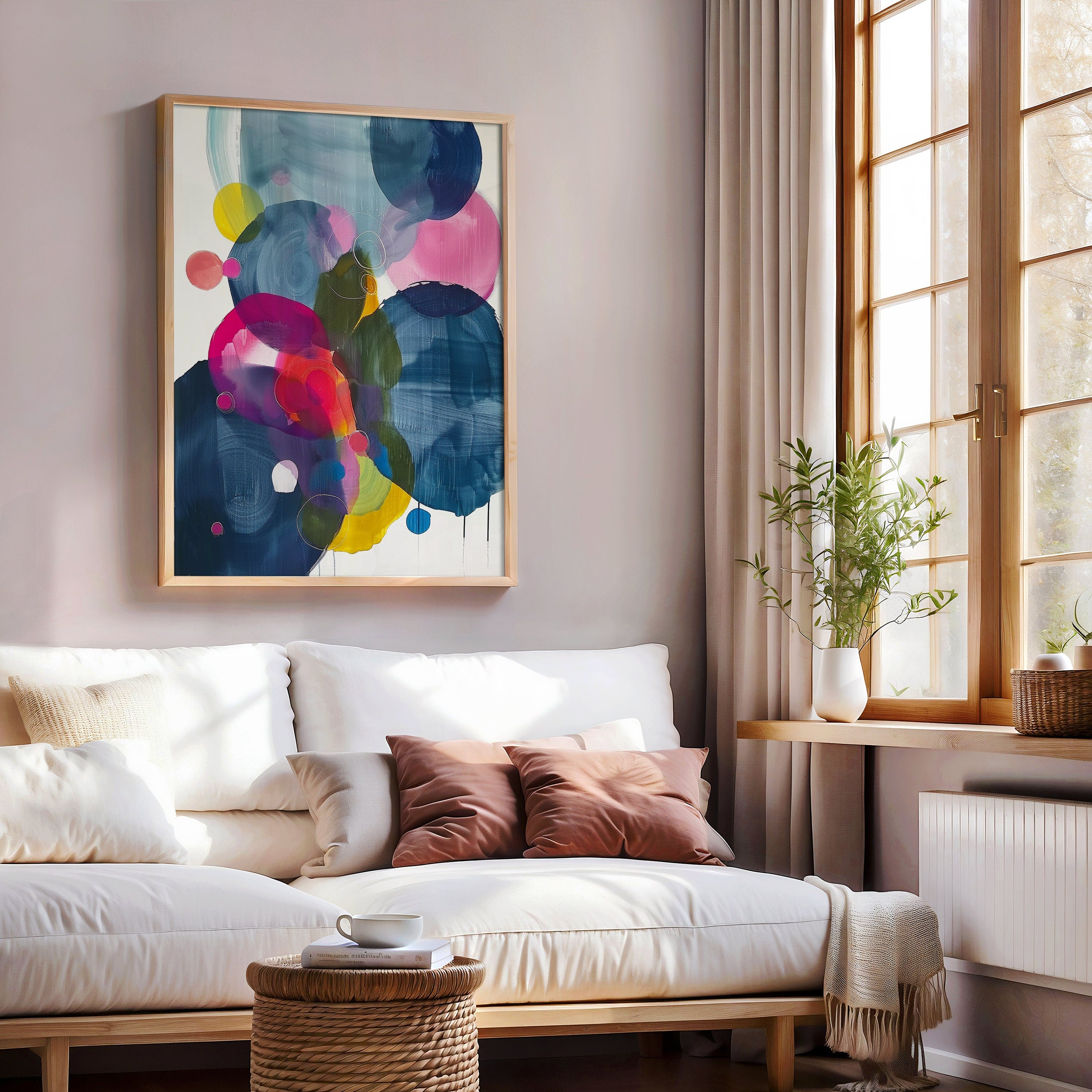 Colorful Abstract Wall Art Vertical Canvas Painting Circle Pattern Modern Print Large Pink Blue Green Giclee for Living Room Decor 384
