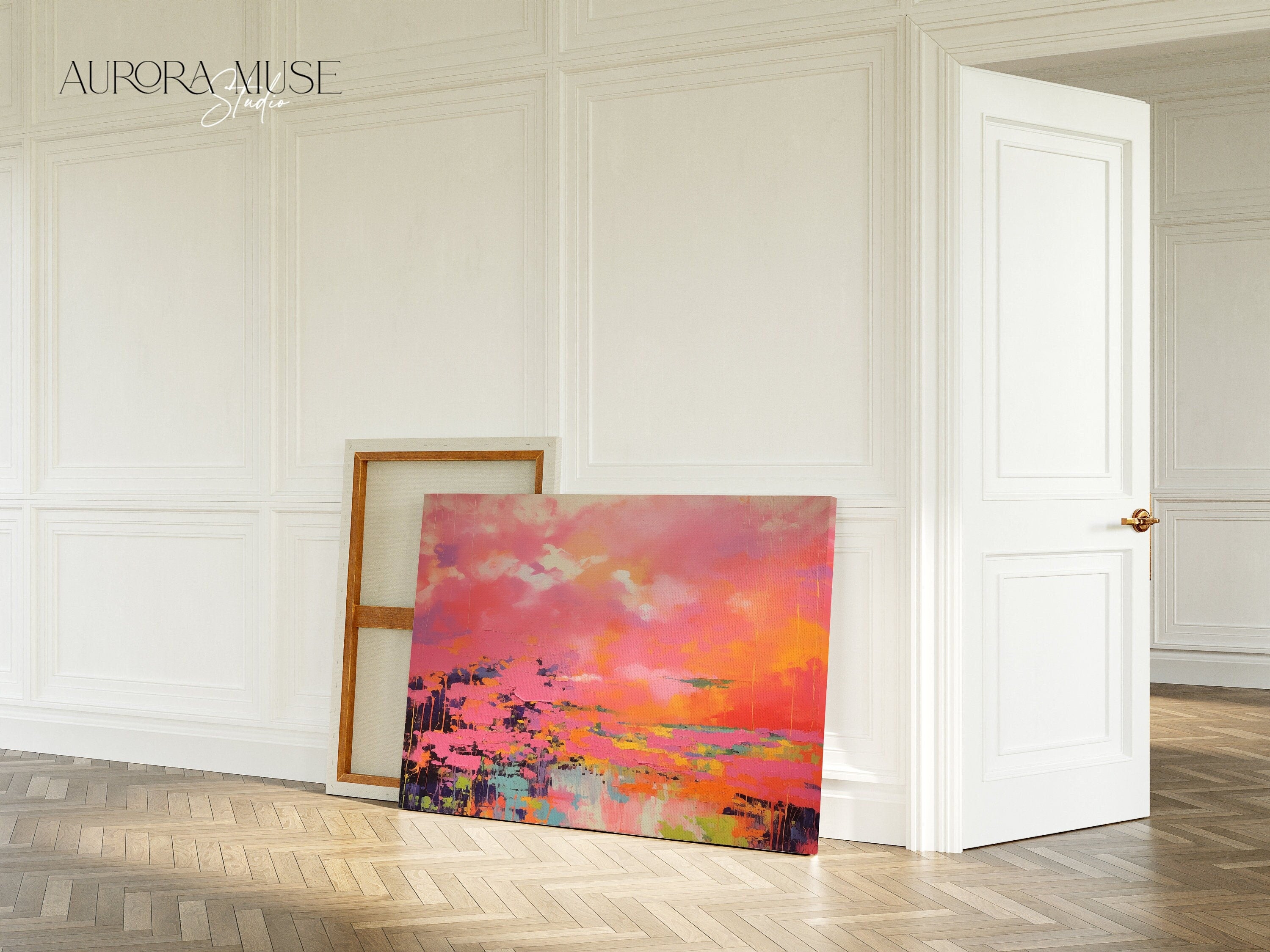 Pink Landscape Wall Art, Abstract horizontal Canvas Print, Bold Colorful Decor Art, Large Framed Statement Art for Living Room & Bedroom 313