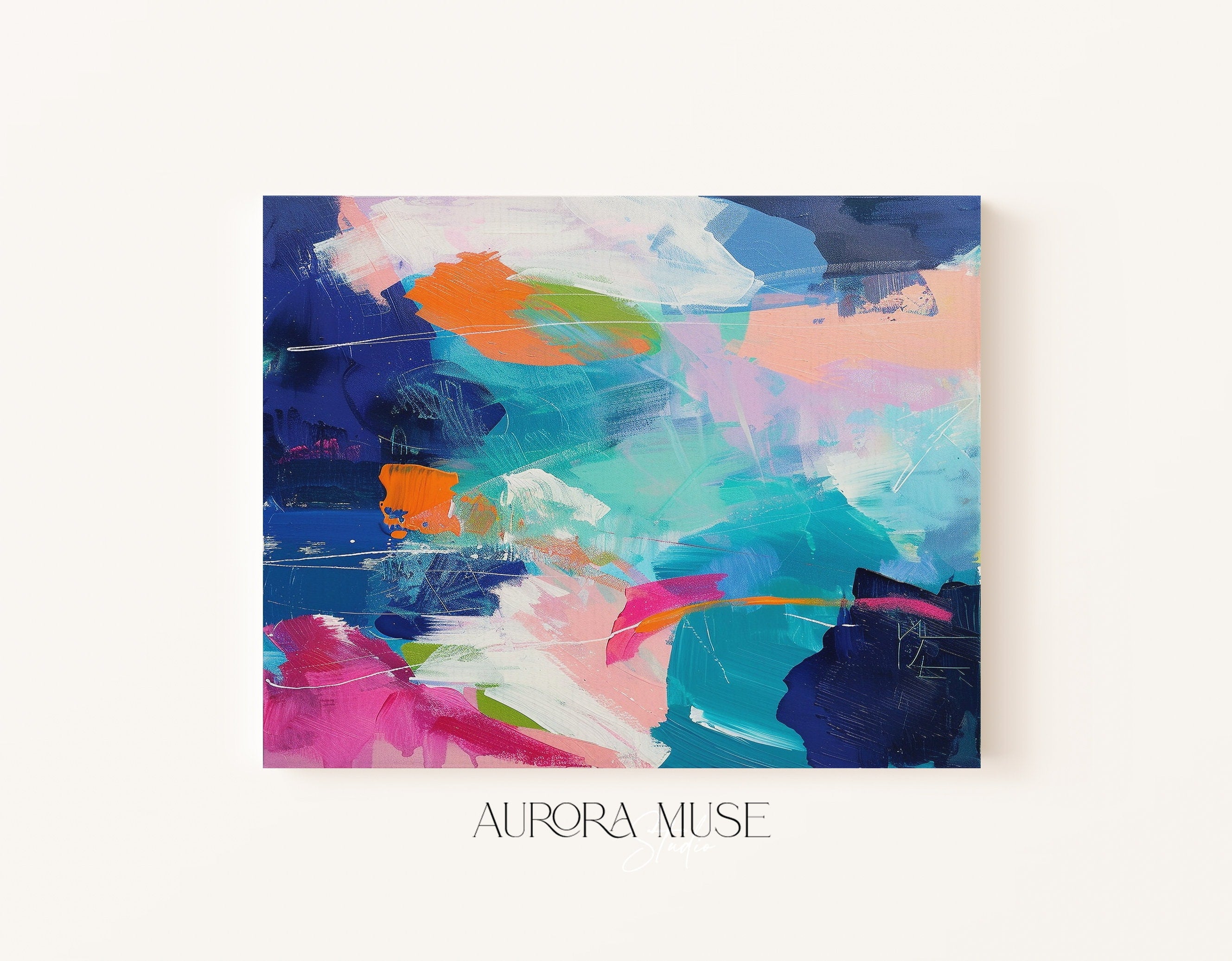 Fun vivid and colorful Abstract painting print, Vibrant bright blue and multicolor abstract wall art, Eclectic wall decor | Aurora Muse 334