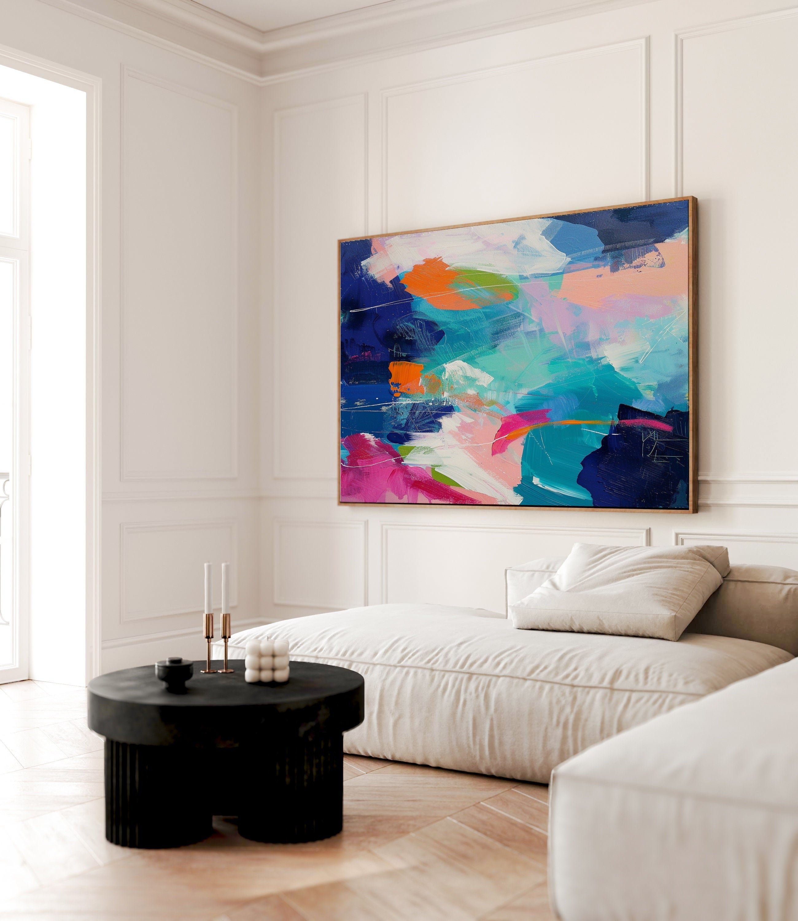 Fun vivid and colorful Abstract painting print, Vibrant bright blue and multicolor abstract wall art, Eclectic wall decor | Aurora Muse 334