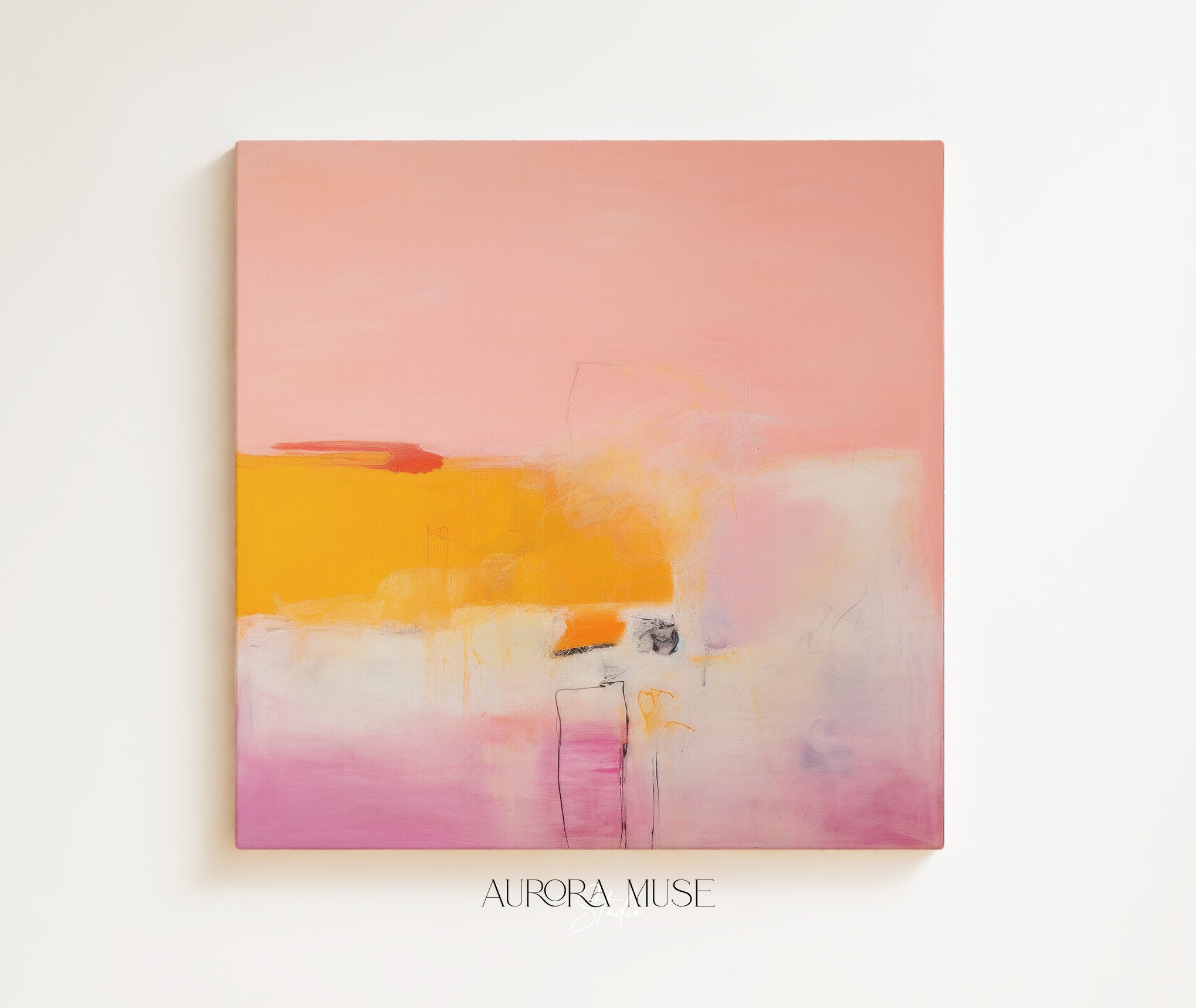 Abstract wall art titled Golden Quiet featuring soft pink, warm orange, and golden yellow tones in a calm layered composition. A large abstract canvas artwork designed to add warmth and subtle color to bedrooms, living rooms, and styled interior spaces.