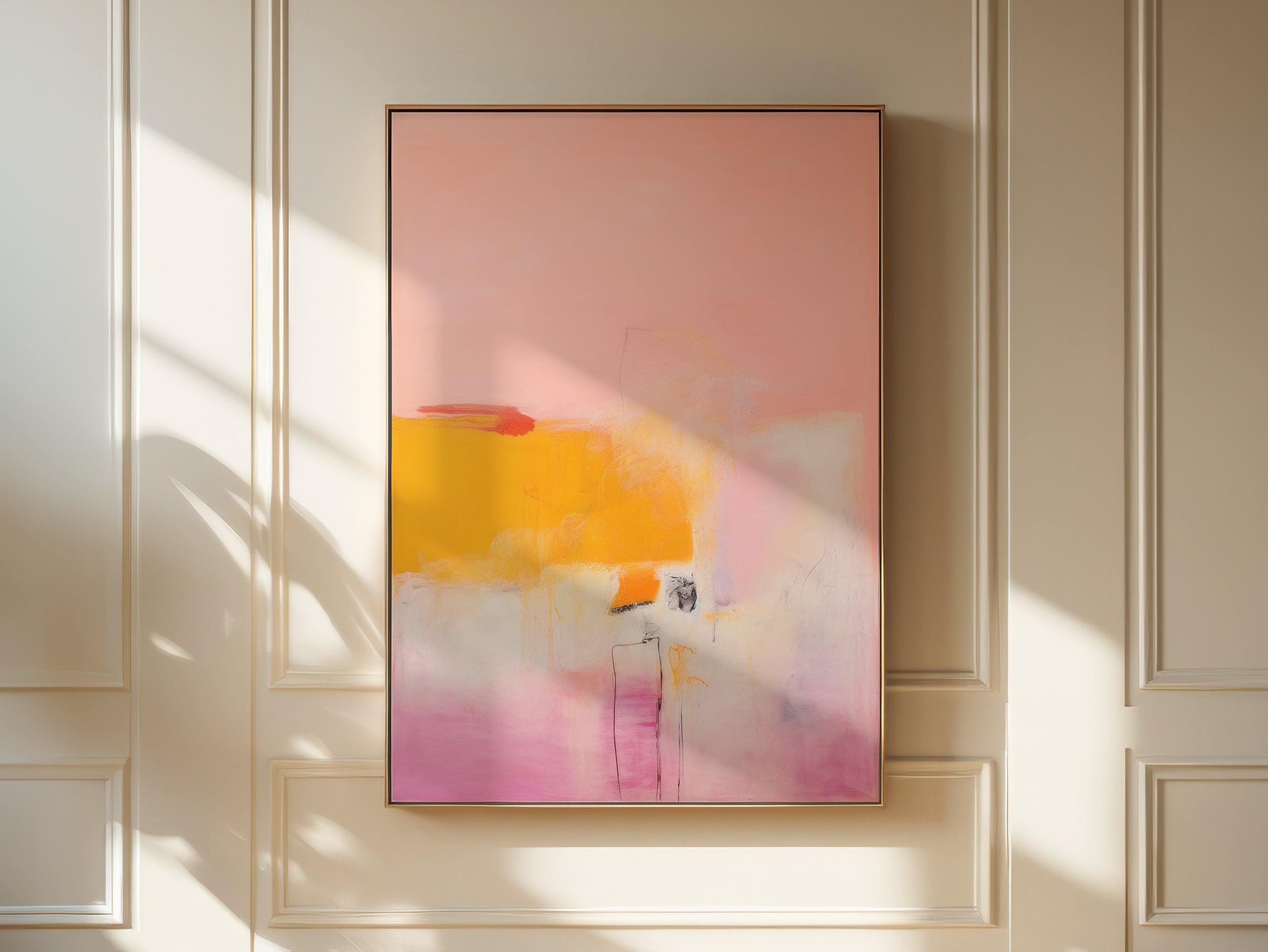 Abstract wall art titled Golden Quiet featuring soft pink, warm orange, and golden yellow tones in a calm layered composition. A large abstract canvas artwork designed to add warmth and subtle color to bedrooms, living rooms, and styled interior spaces.