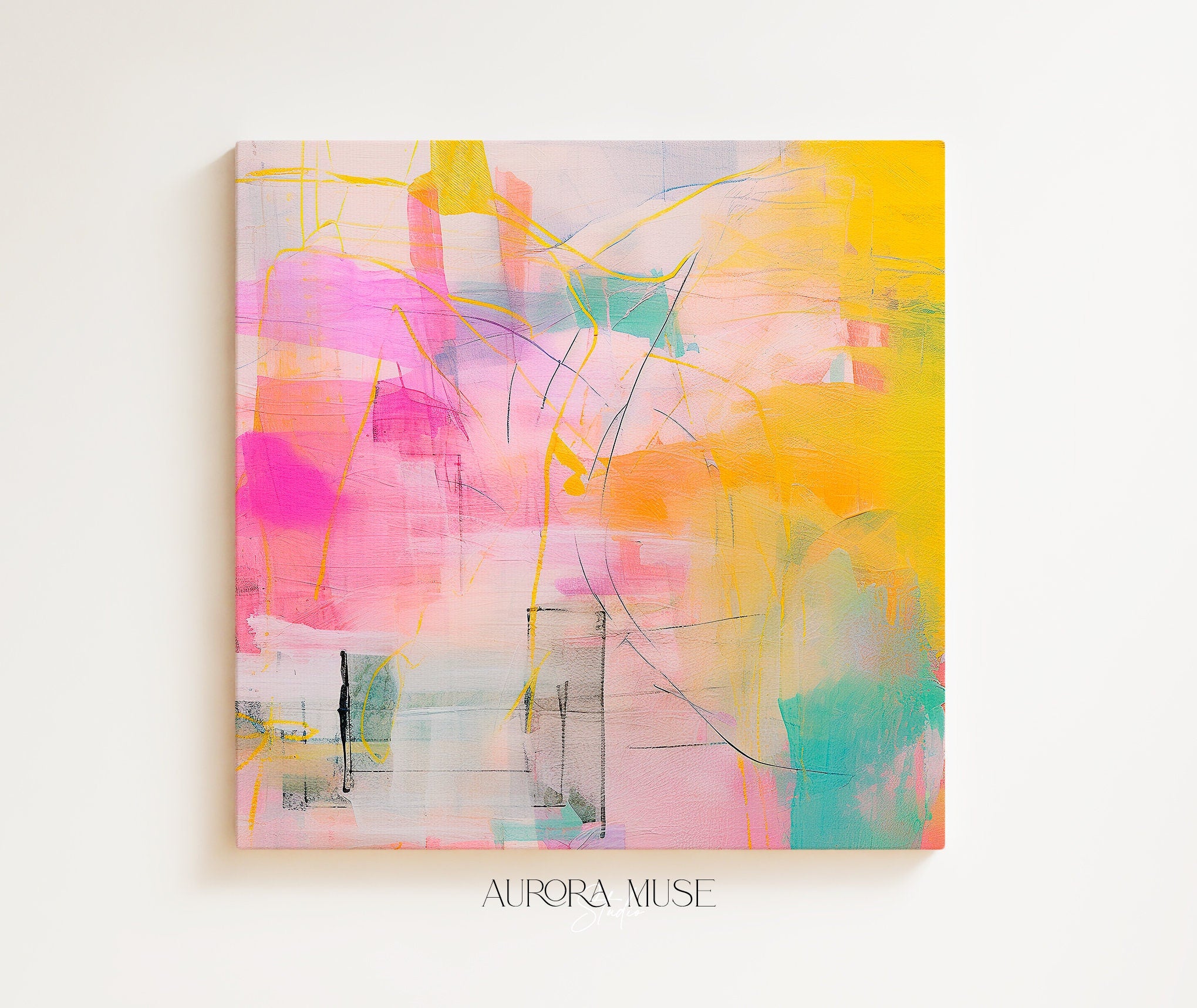 Pink and teal abstract canvas wall art by Muse Studio featuring bright blush, aqua, teal, and cream tones with joyful painterly movement. Premium gallery-wrapped cotton canvas printed with museum-grade giclée inks, styled for a kids room, nursery, playroom, bedroom, or colorful modern home decor
