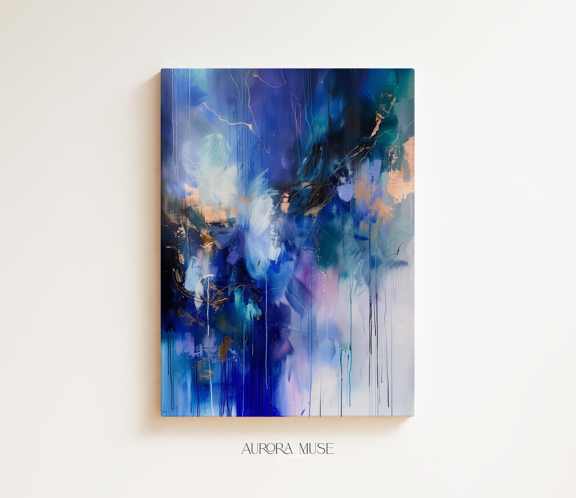 Wall art, abstract painting, large VERTICAL canvas art, giclee print, modern abstract art, art print, Indigo Blue Gold abstract art  | 243