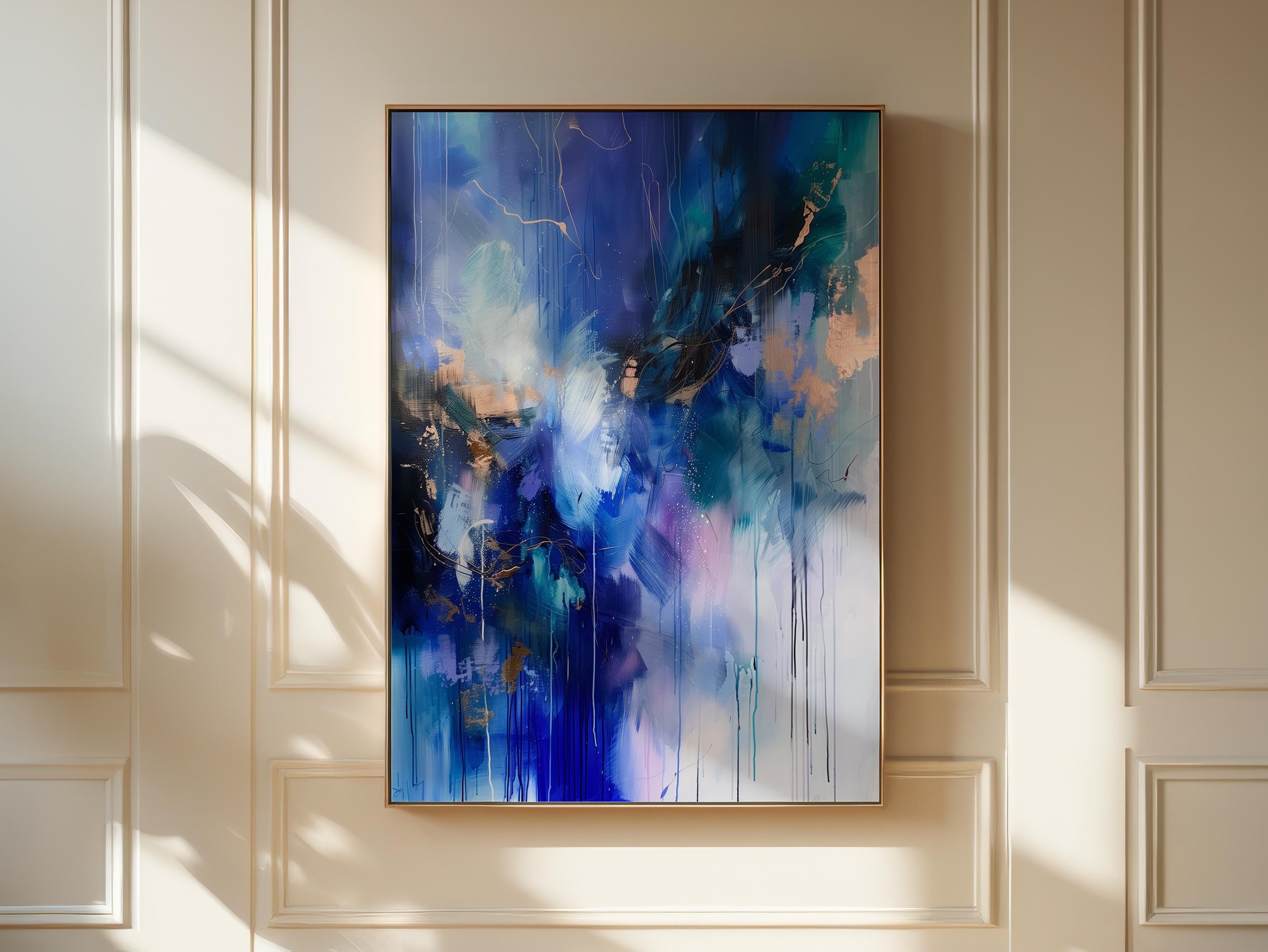 Wall art, abstract painting, large VERTICAL canvas art, giclee print, modern abstract art, art print, Indigo Blue Gold abstract art  | 243