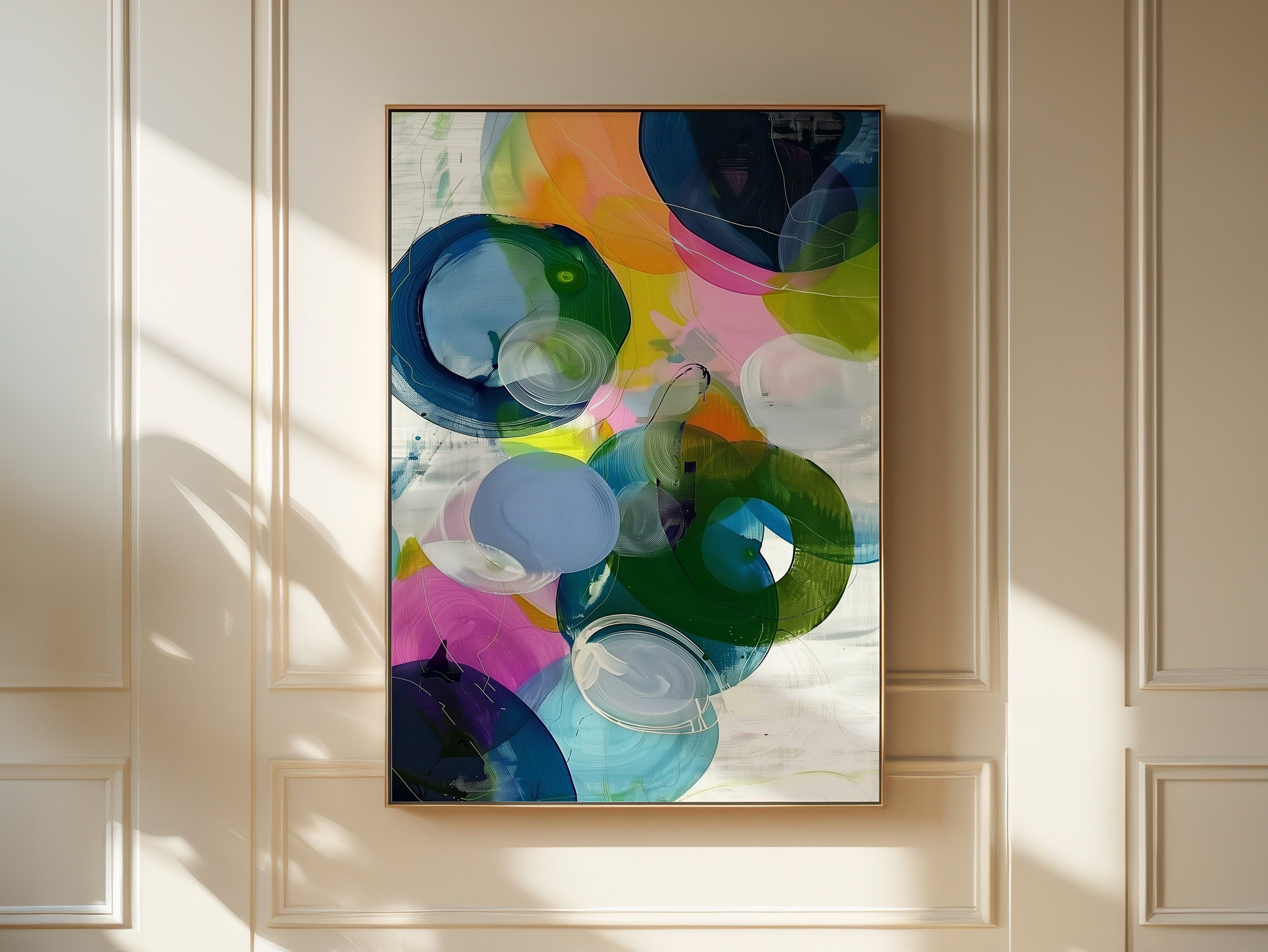 Vertical colorful abstract wall art with expressive pink, blue, and yellow brushstrokes in a vibrant contemporary style. Ideal for modern living rooms, offices, or creative spaces. Available as framed canvas or gallery-wrapped giclée wall art by Muse Studio.