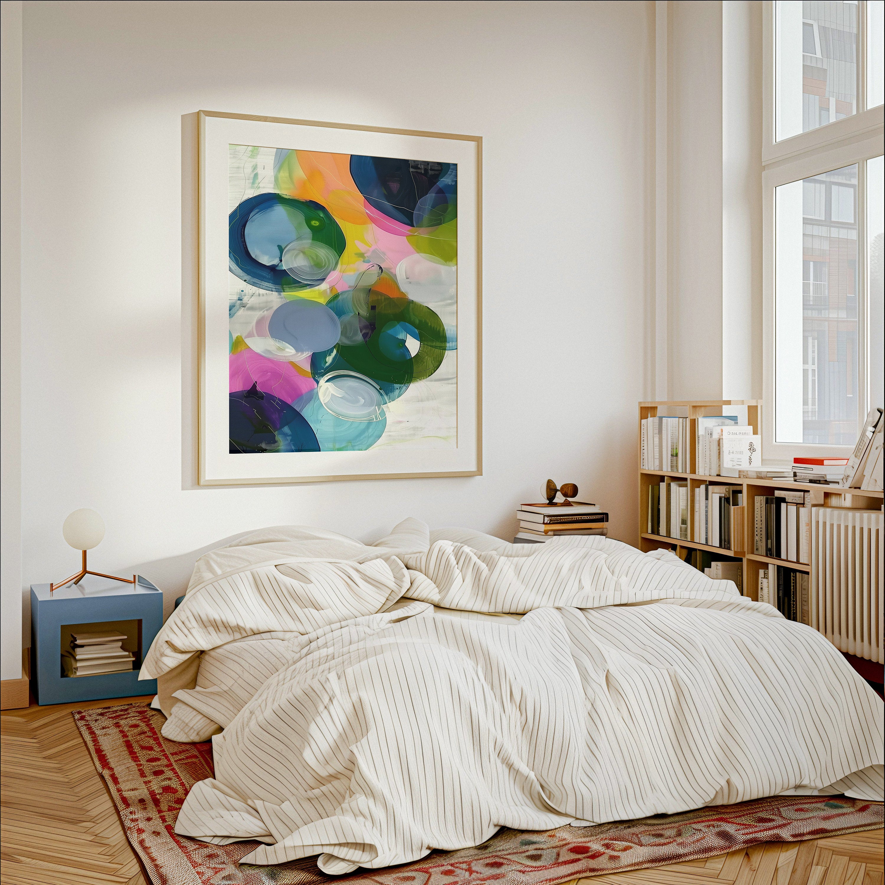 Vertical colorful abstract wall art with expressive pink, blue, and yellow brushstrokes in a vibrant contemporary style. Ideal for modern living rooms, offices, or creative spaces. Available as framed canvas or gallery-wrapped giclée wall art by Muse Studio.