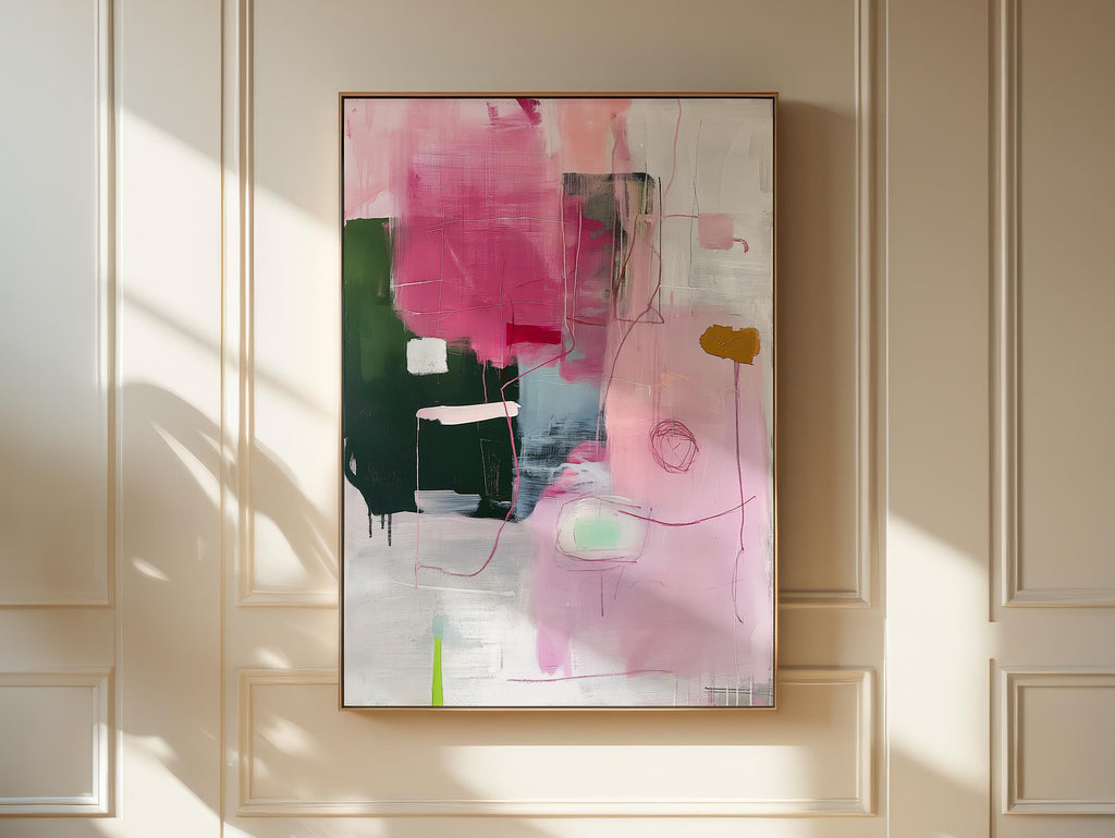 Framed Canvas Print Wall Art Pink & Green Blocks Abstract Geometric Illustrations Mid Century Modern Art Minimalist Decor | Aurora Muse 340