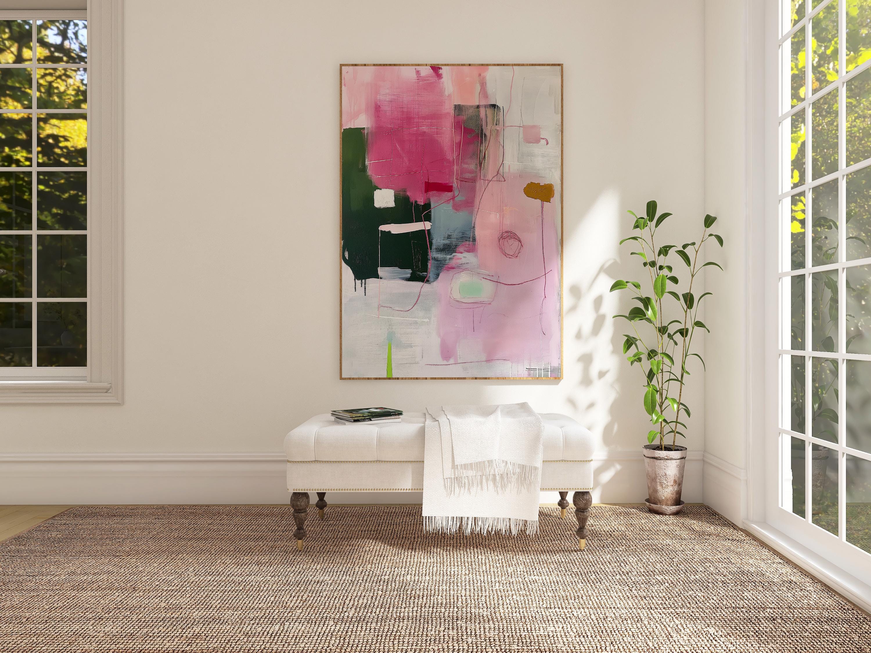 Framed Canvas Print Wall Art Pink & Green Blocks Abstract Geometric Illustrations Mid Century Modern Art Minimalist Decor | Aurora Muse 340