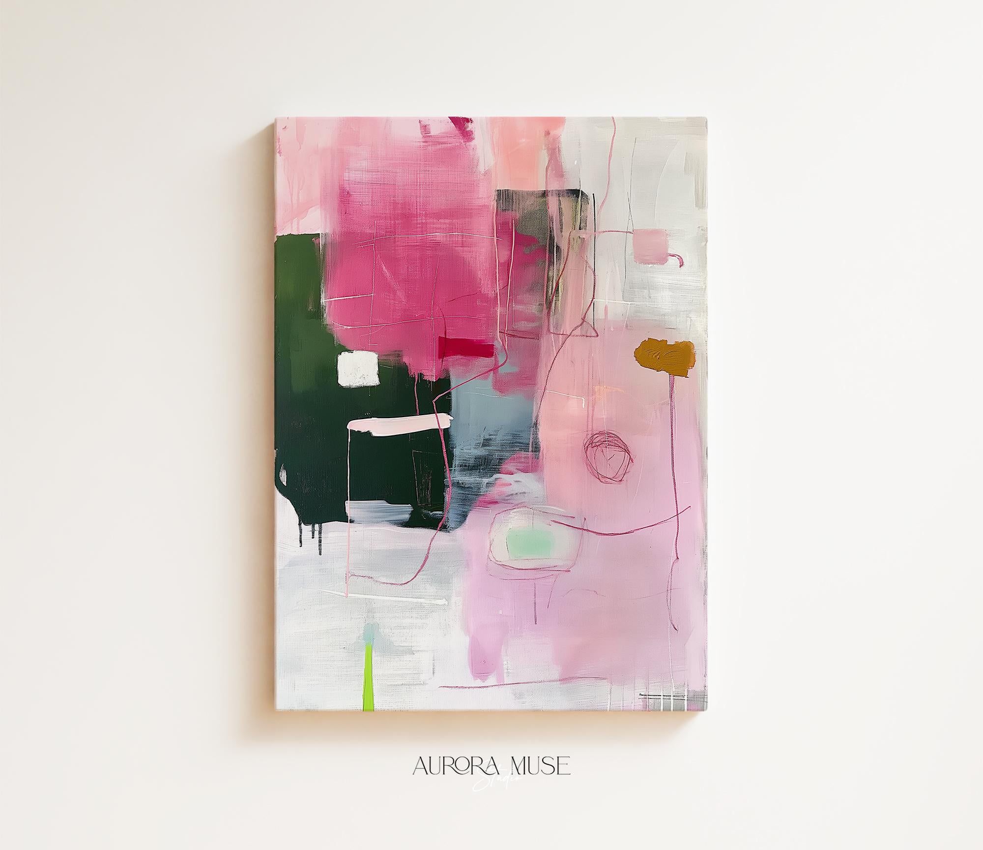 Framed Canvas Print Wall Art Pink & Green Blocks Abstract Geometric Illustrations Mid Century Modern Art Minimalist Decor | Aurora Muse 340