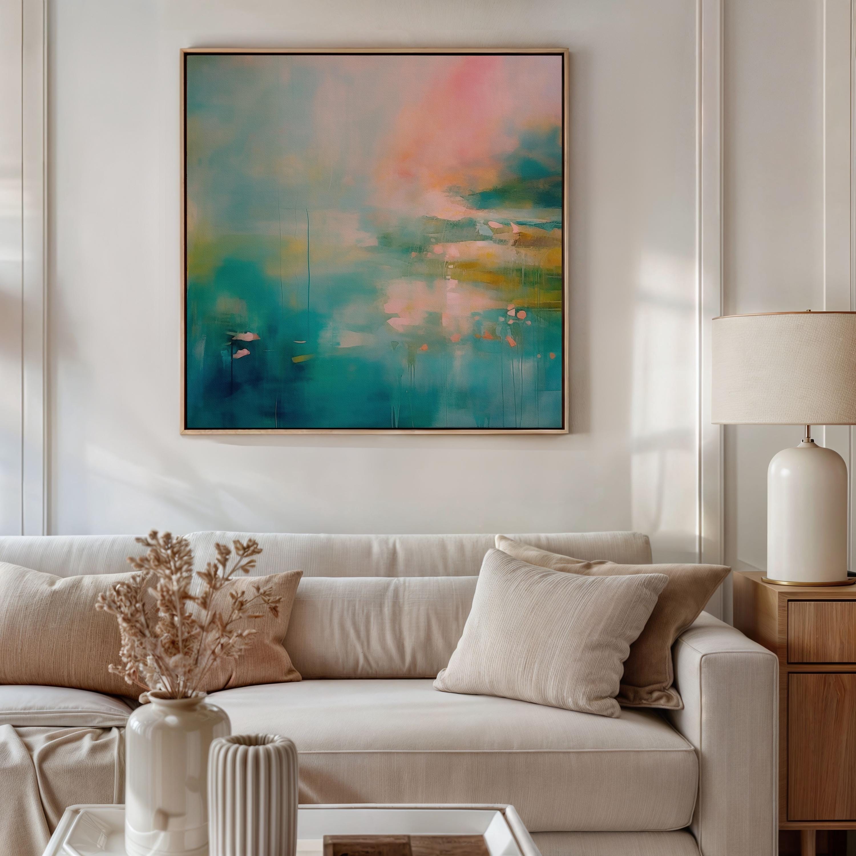 Abstract art, Teal green large wall art, Abstract painting print, Pink Green abstract landscape | Aurora Muse 055