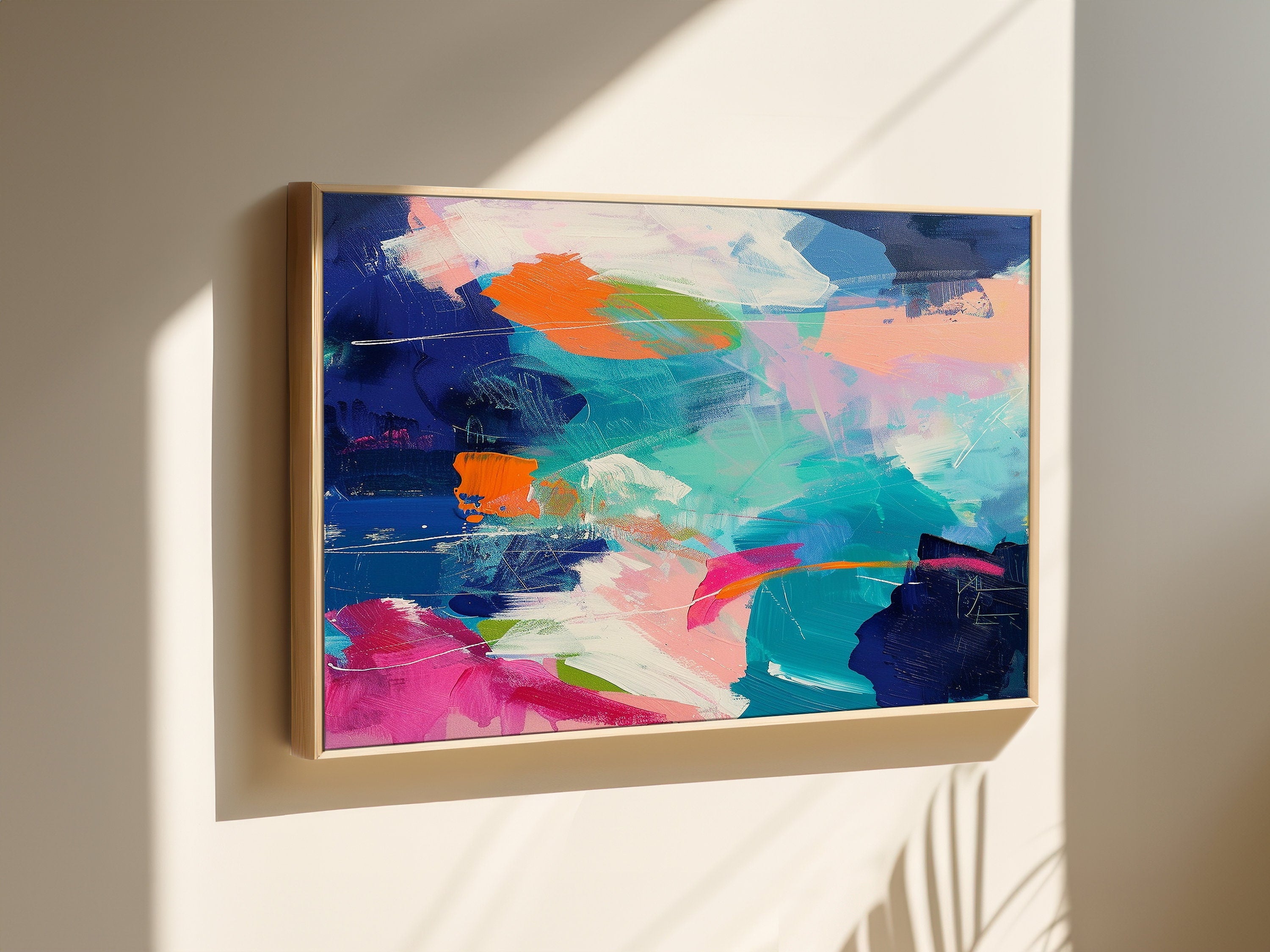 Fun vivid and colorful Abstract painting print, Vibrant bright blue and multicolor abstract wall art, Eclectic wall decor | Aurora Muse 334