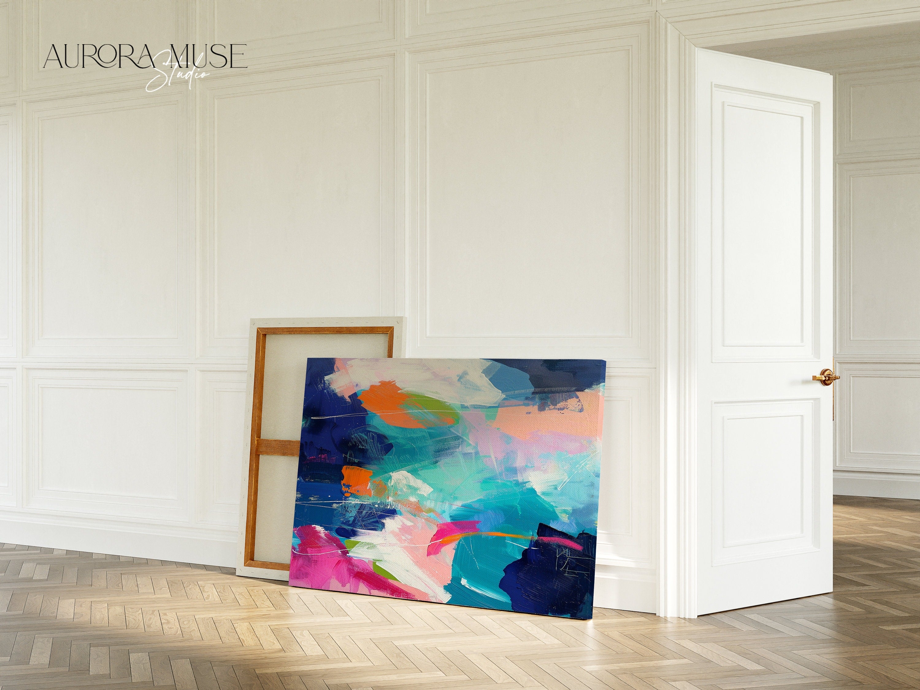 Fun vivid and colorful Abstract painting print, Vibrant bright blue and multicolor abstract wall art, Eclectic wall decor | Aurora Muse 334