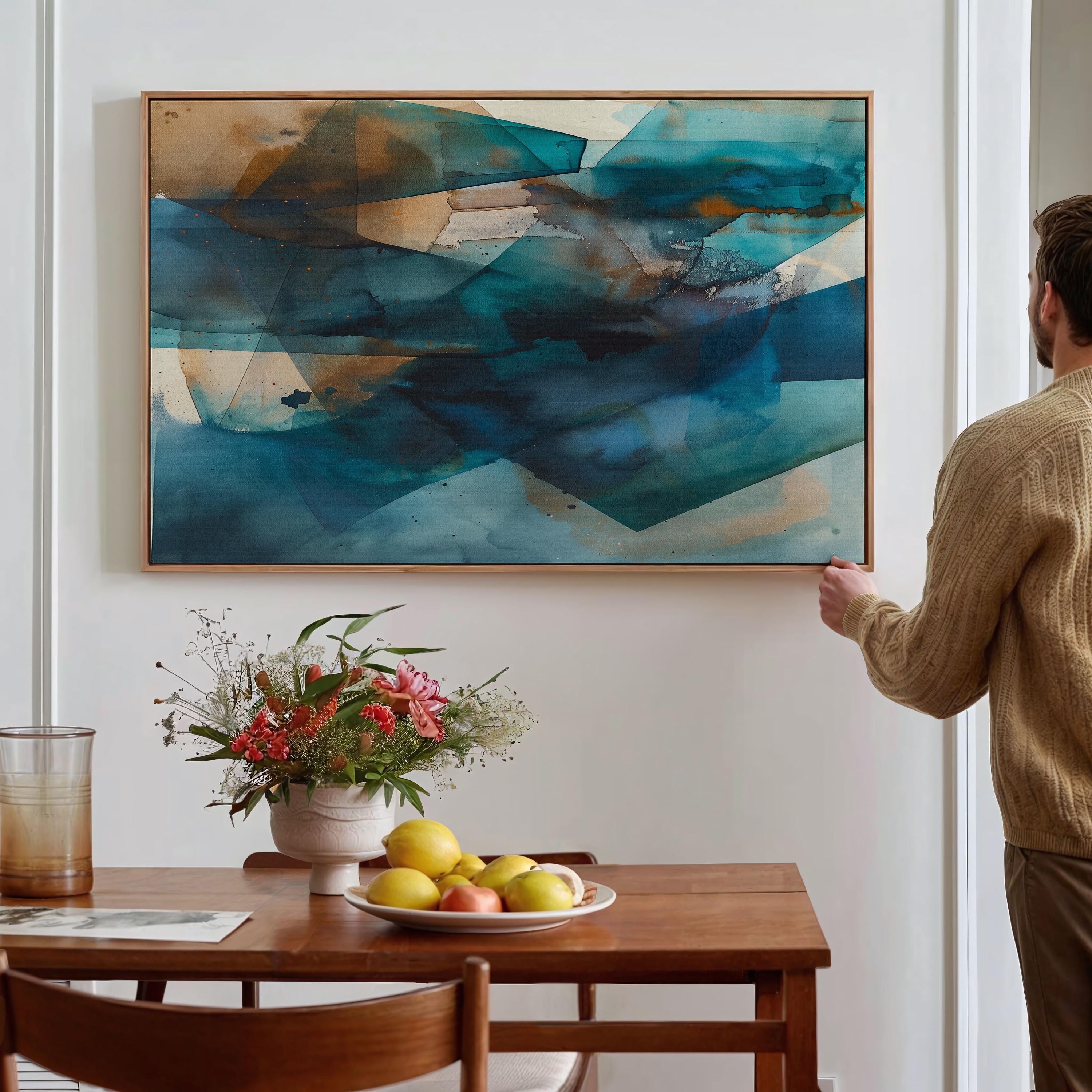 Zen Dreams No. 346 by Muse Studio & Co. teal and brown abstract wall art, large horizontal framed canvas printed with museum-grade giclée inks on premium artist canvas, custom framed in natural, white, black, antique gold or silver float frame, styled in a calm modern living room.