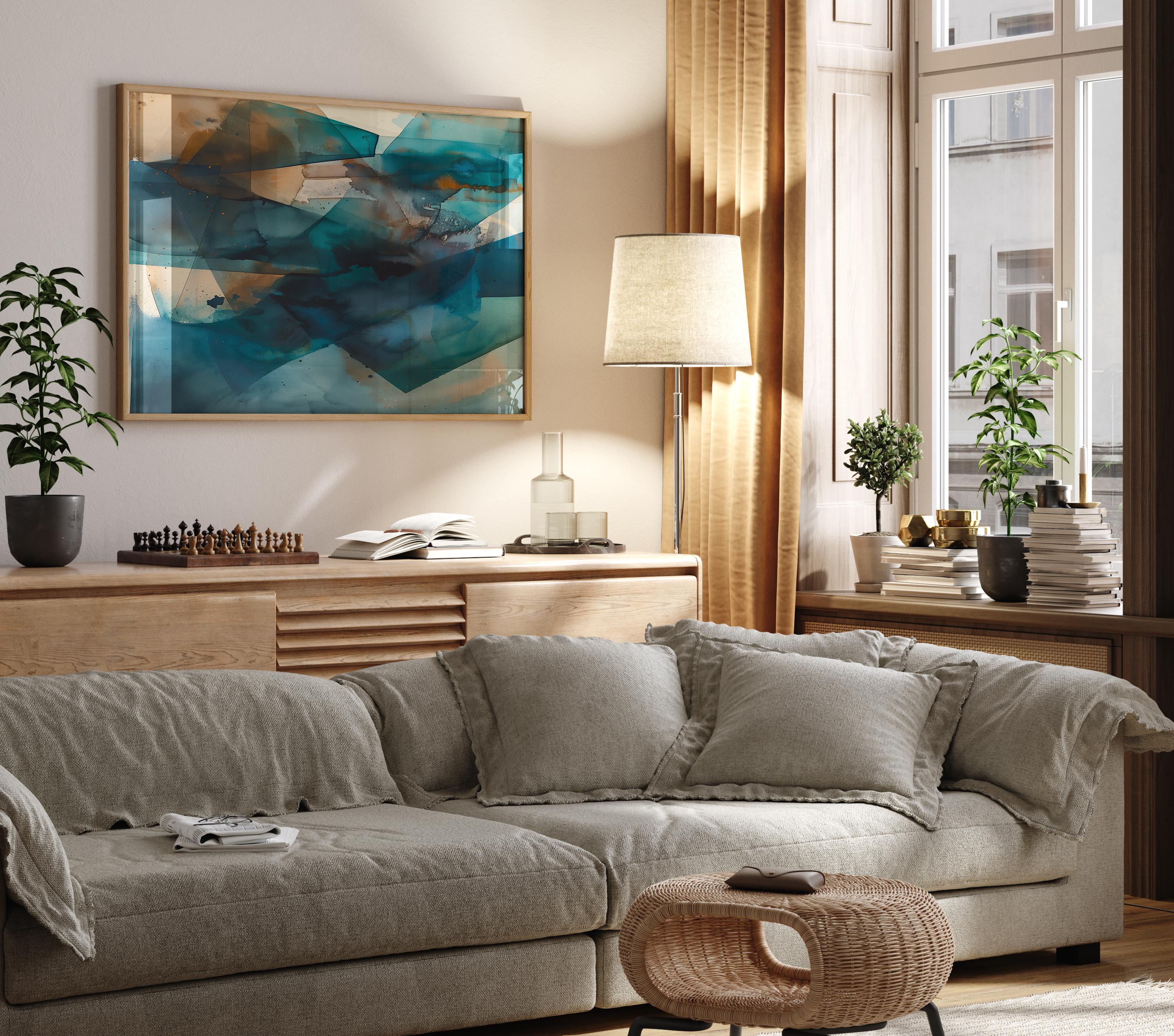 Zen Dreams No. 346 by Muse Studio & Co. teal and brown abstract wall art, large horizontal framed canvas printed with museum-grade giclée inks on premium artist canvas, custom framed in natural, white, black, antique gold or silver float frame, styled in a calm modern living room.