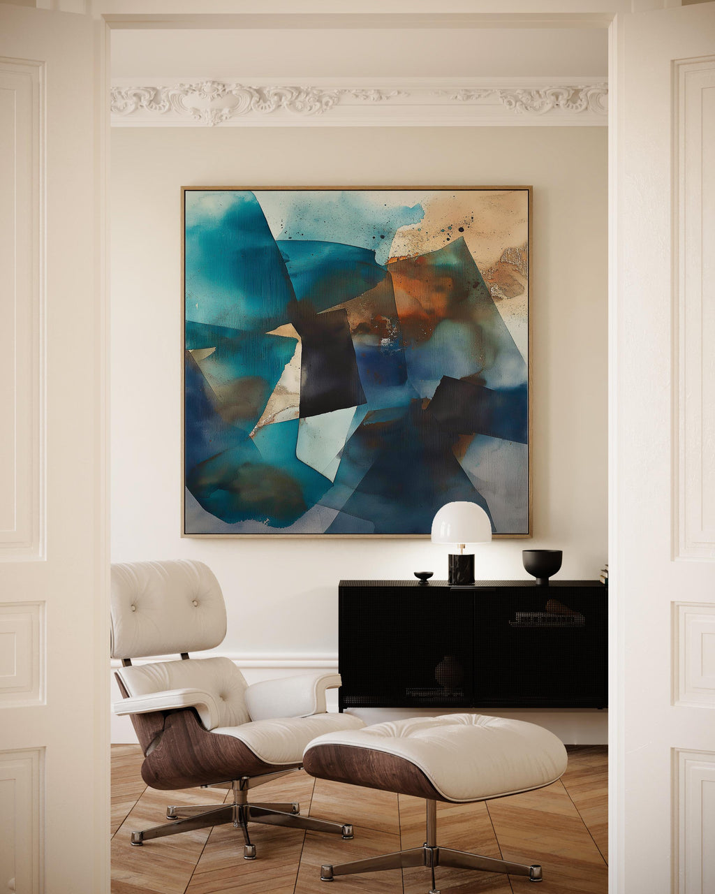 Square abstract canvas in deep teal, navy, and rust tones with moody geometric layering; ideal for living rooms, offices, and contemporary interiors; gallery-wrapped canvas by Muse Studio.