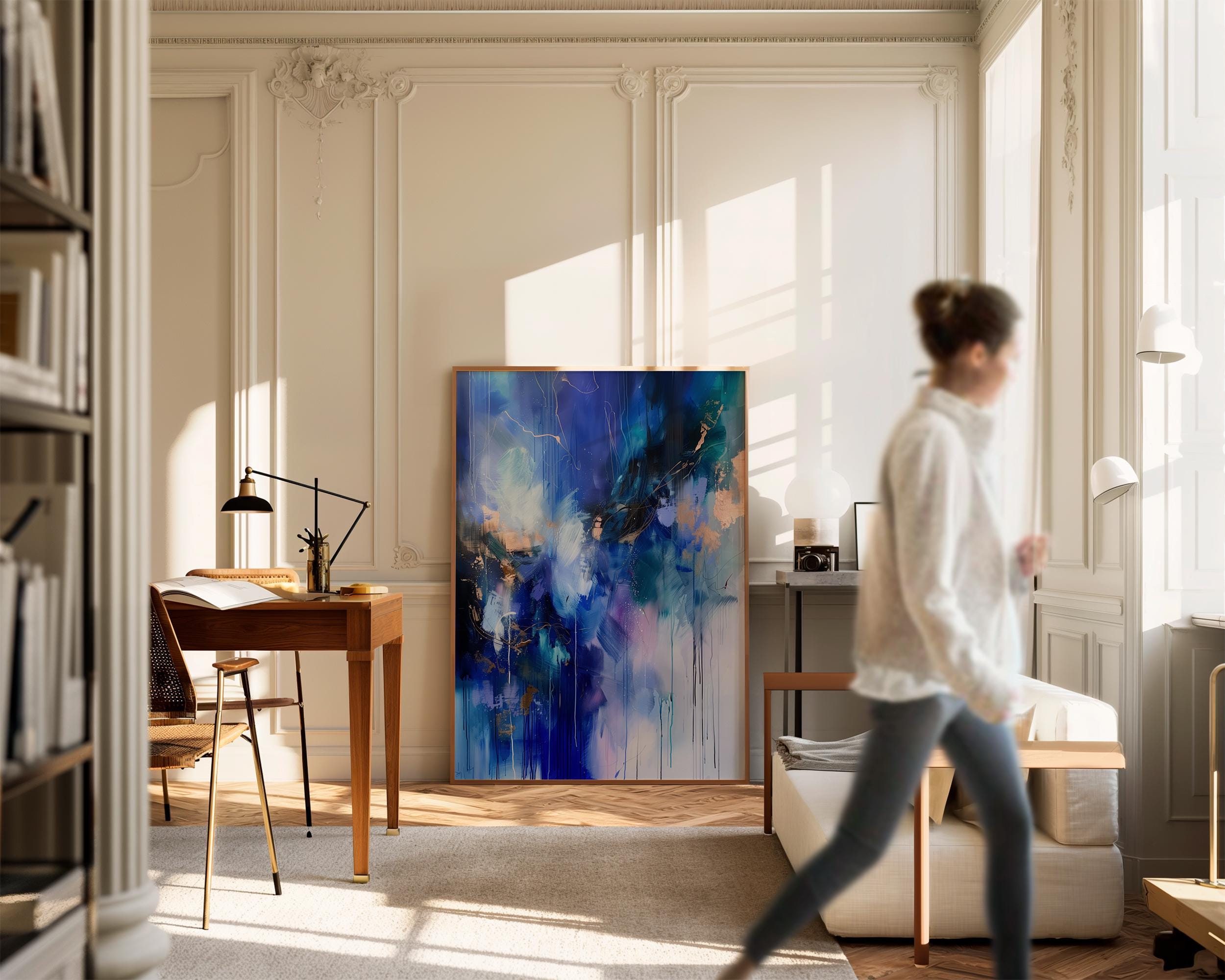 Wall art, abstract painting, large VERTICAL canvas art, giclee print, modern abstract art, art print, Indigo Blue Gold abstract art  | 243