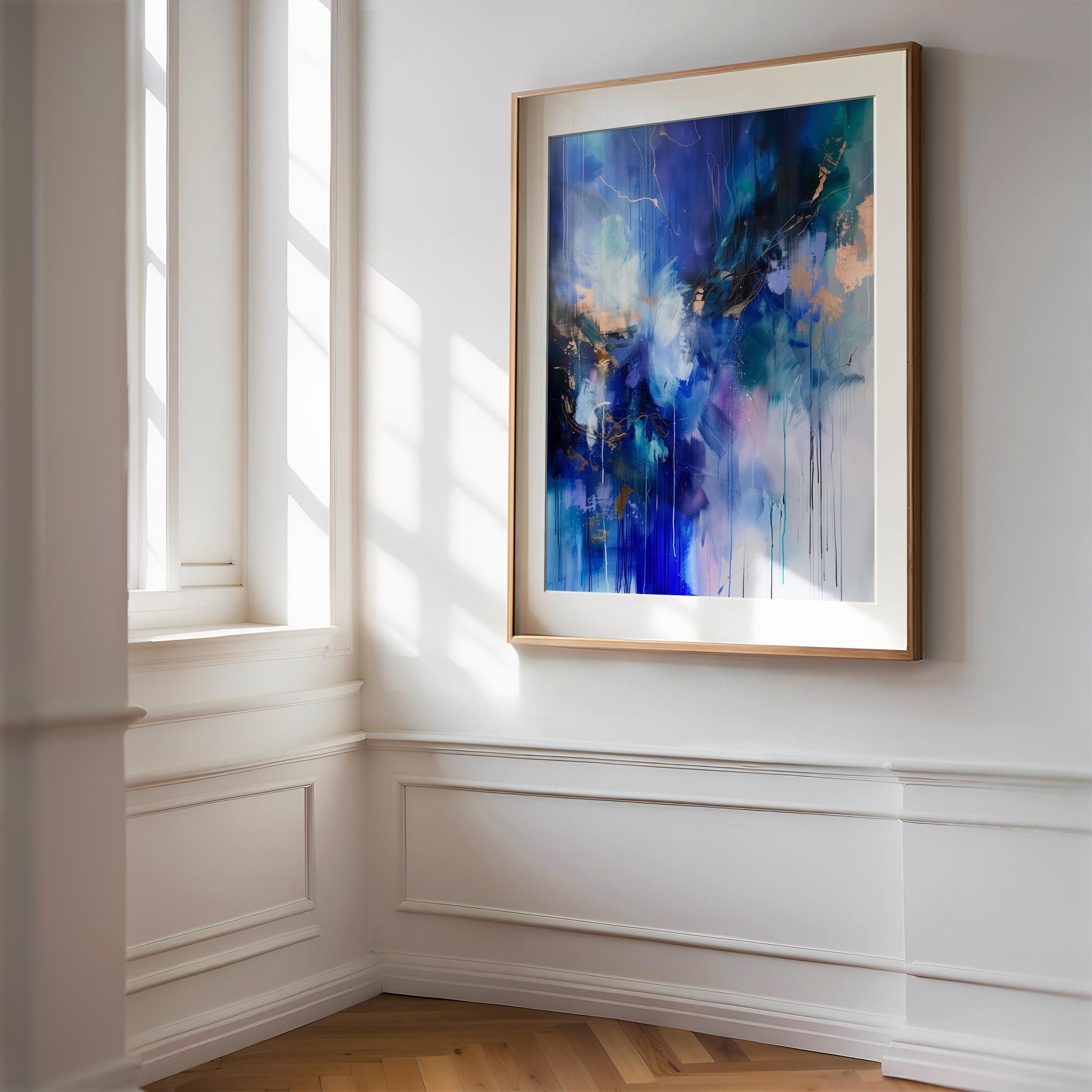 Wall art, abstract painting, large VERTICAL canvas art, giclee print, modern abstract art, art print, Indigo Blue Gold abstract art  | 243