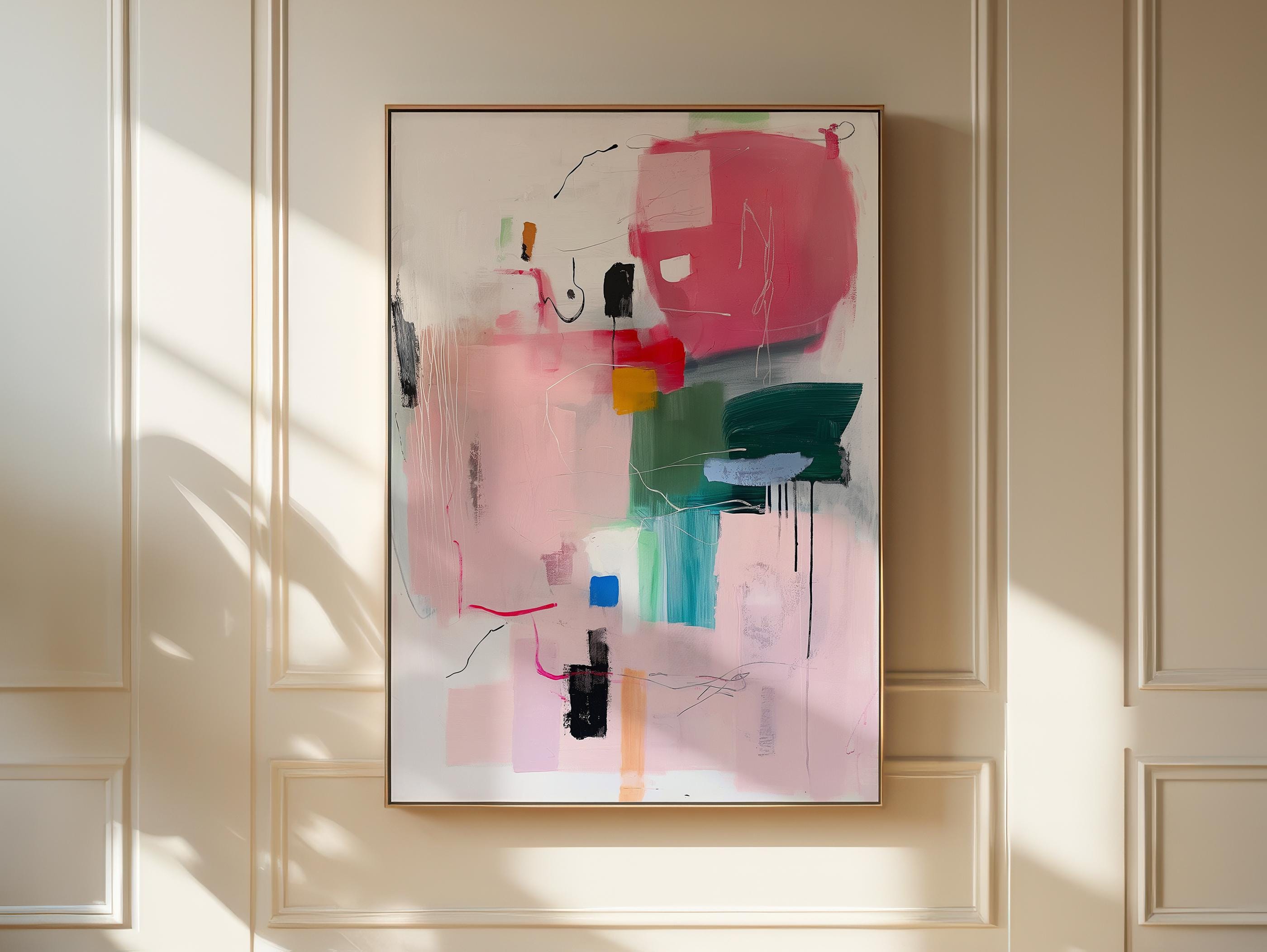Framed Canvas Print Wall Art Pink Red Teal Blocks Abstract Geometric Illustrations Mid Century Modern Minimalist Decor | Aurora Muse 338