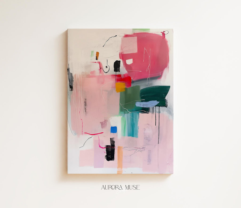 Framed Canvas Print Wall Art Pink Red Teal Blocks Abstract Geometric Illustrations Mid Century Modern Minimalist Decor | Aurora Muse 338