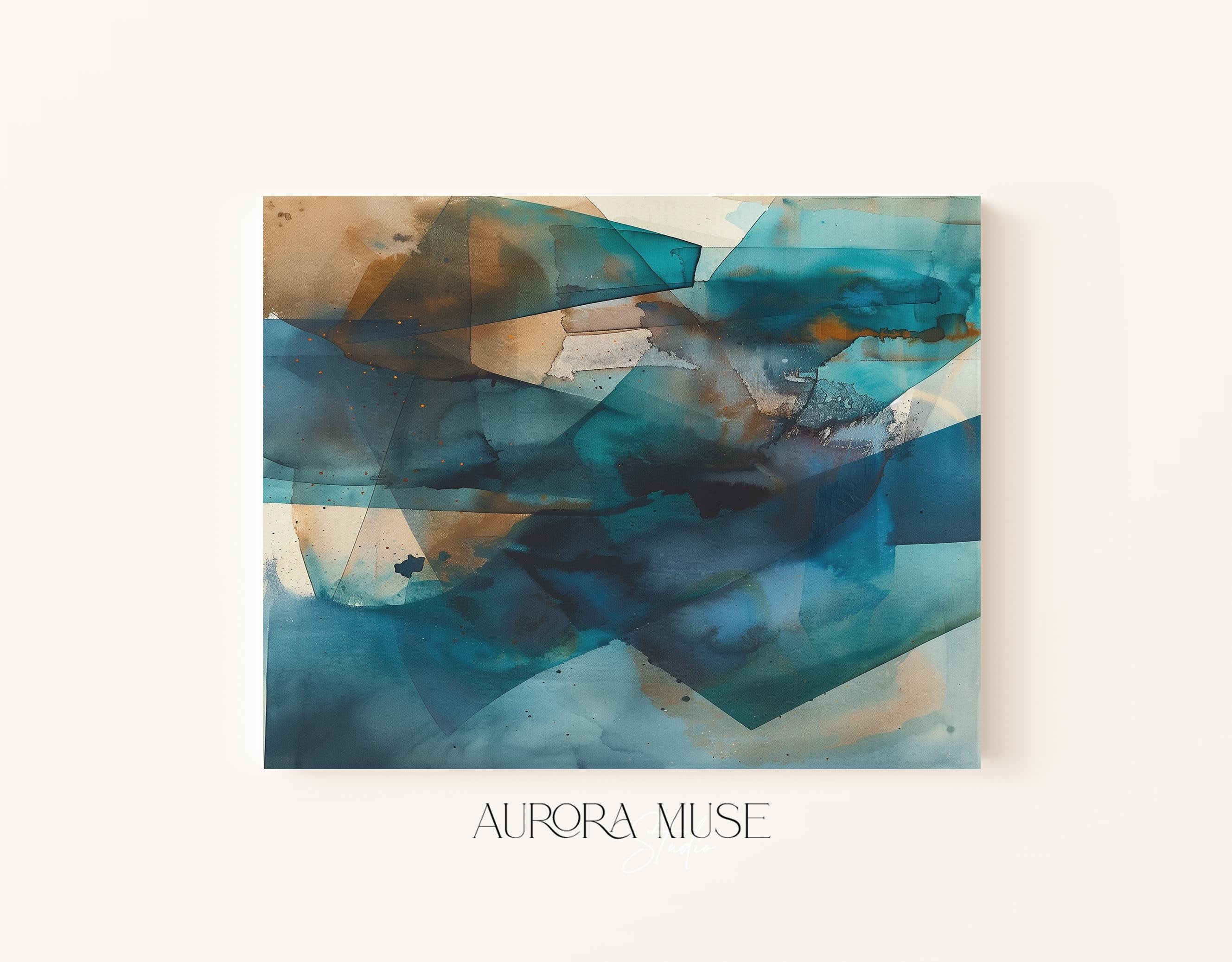 Zen Dreams No. 346 by Muse Studio & Co. teal and brown abstract wall art, large horizontal framed canvas printed with museum-grade giclée inks on premium artist canvas, custom framed in natural, white, black, antique gold or silver float frame, styled in a calm modern living room.