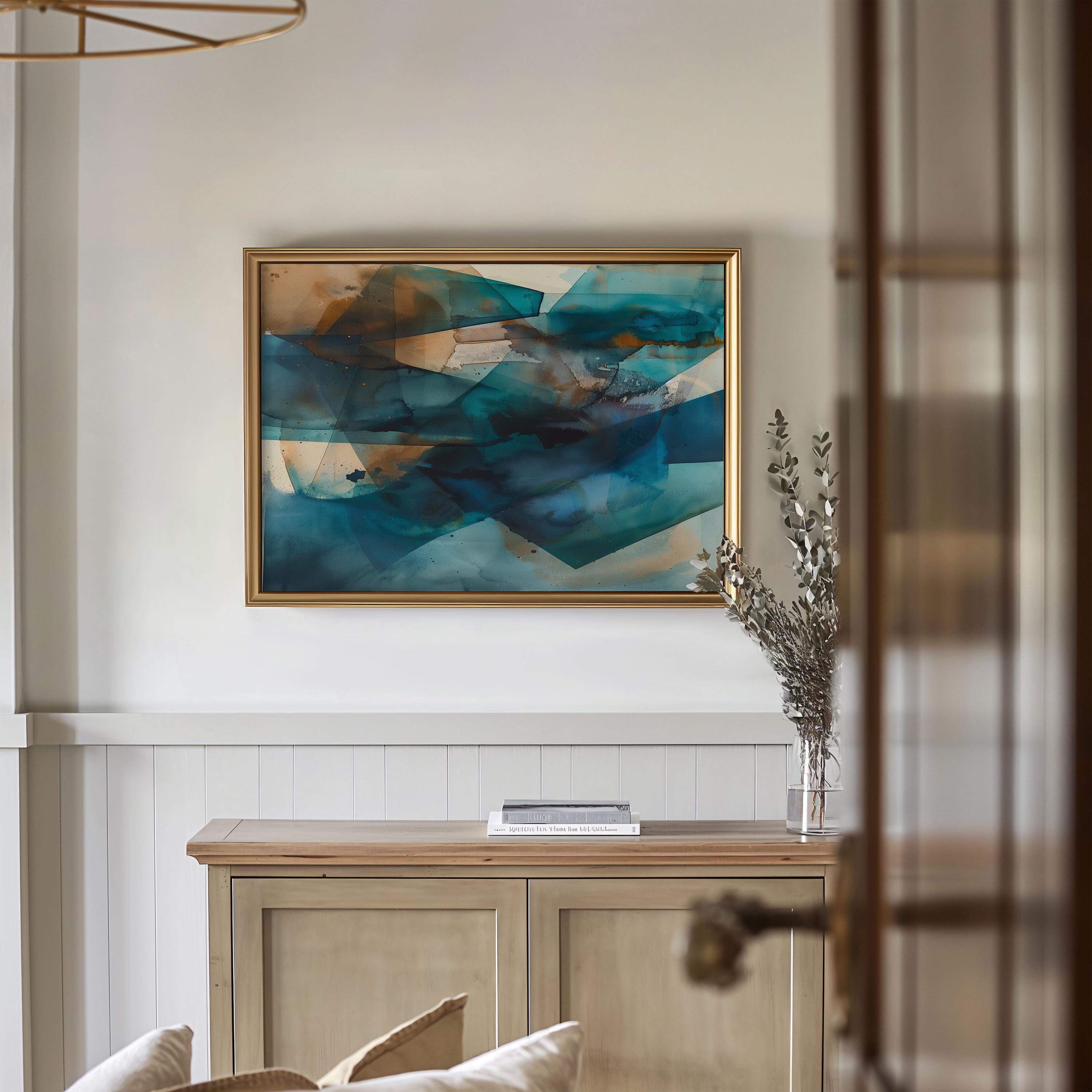 Zen Dreams No. 346 by Muse Studio & Co. teal and brown abstract wall art, large horizontal framed canvas printed with museum-grade giclée inks on premium artist canvas, custom framed in natural, white, black, antique gold or silver float frame, styled in a calm modern living room.