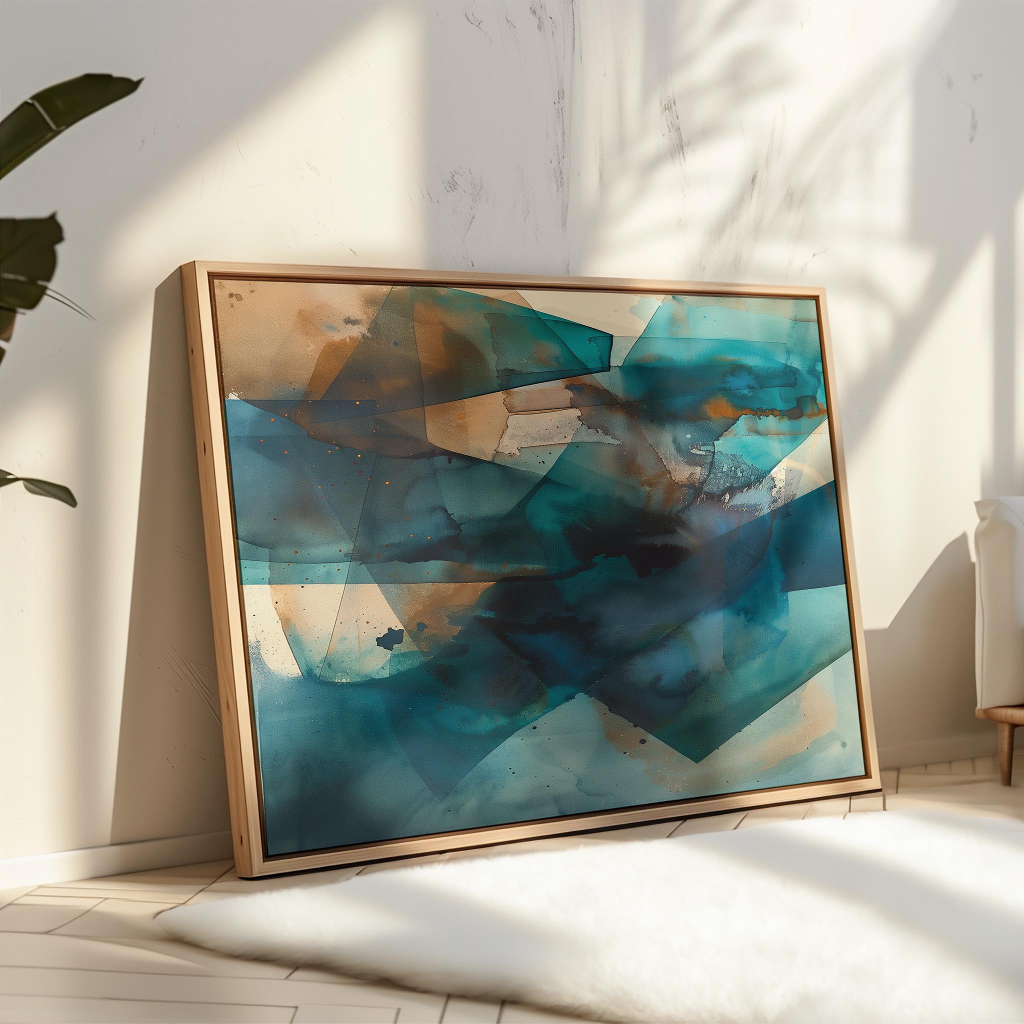 Zen Dreams No. 346 by Muse Studio & Co. teal and brown abstract wall art, large horizontal framed canvas printed with museum-grade giclée inks on premium artist canvas, custom framed in natural, white, black, antique gold or silver float frame, styled in a calm modern living room.