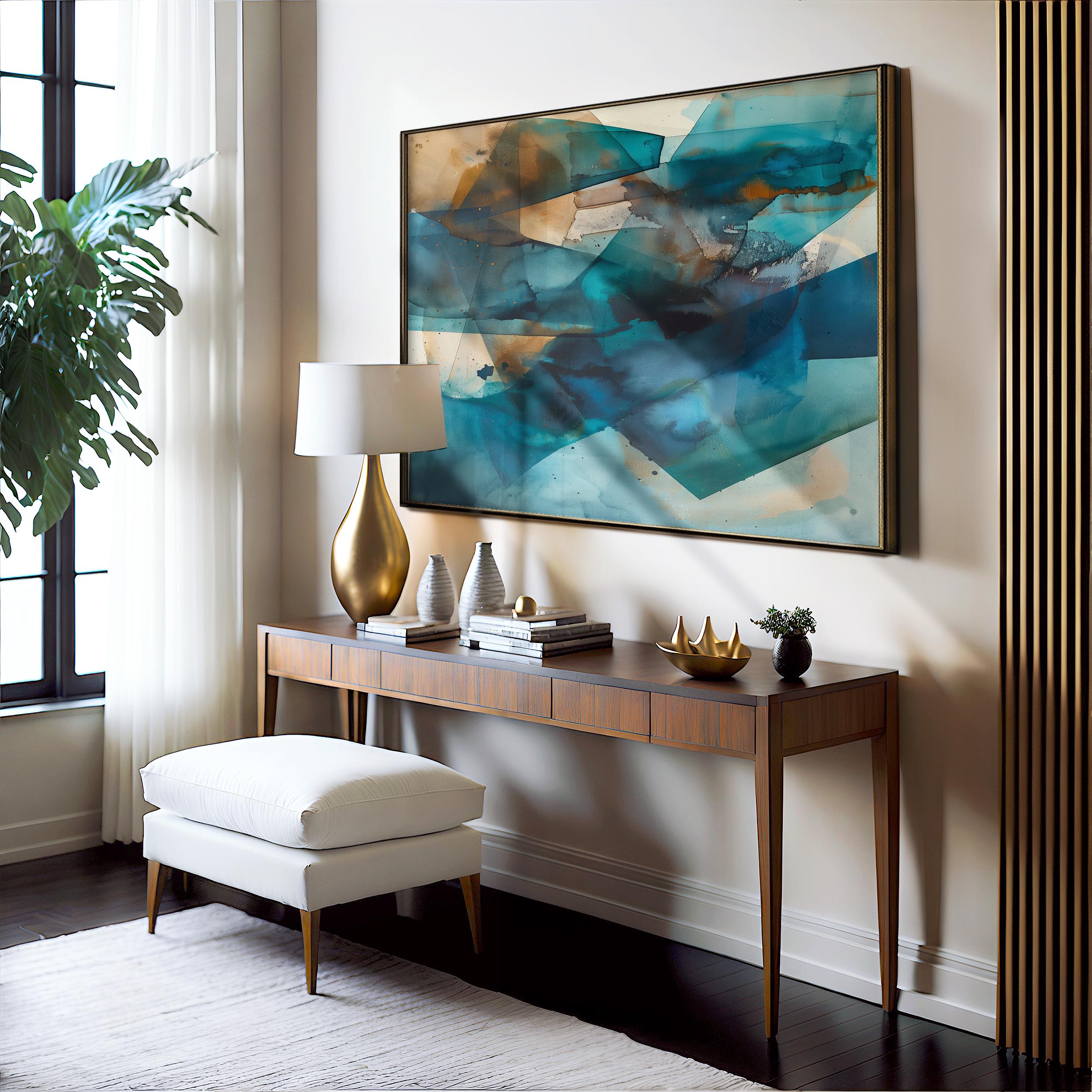 Zen Dreams No. 346 by Muse Studio & Co. teal and brown abstract wall art, large horizontal framed canvas printed with museum-grade giclée inks on premium artist canvas, custom framed in natural, white, black, antique gold or silver float frame, styled in a calm modern living room.