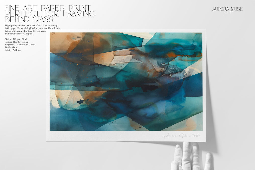 Zen Dreams No. 346 by Muse Studio & Co. teal and brown abstract wall art, large horizontal framed canvas printed with museum-grade giclée inks on premium artist canvas, custom framed in natural, white, black, antique gold or silver float frame, styled in a calm modern living room.