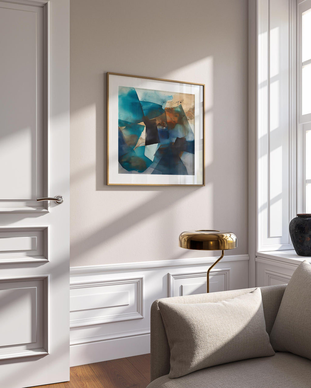 Square abstract canvas in deep teal, navy, and rust tones with moody geometric layering; ideal for living rooms, offices, and contemporary interiors; gallery-wrapped canvas by Muse Studio.