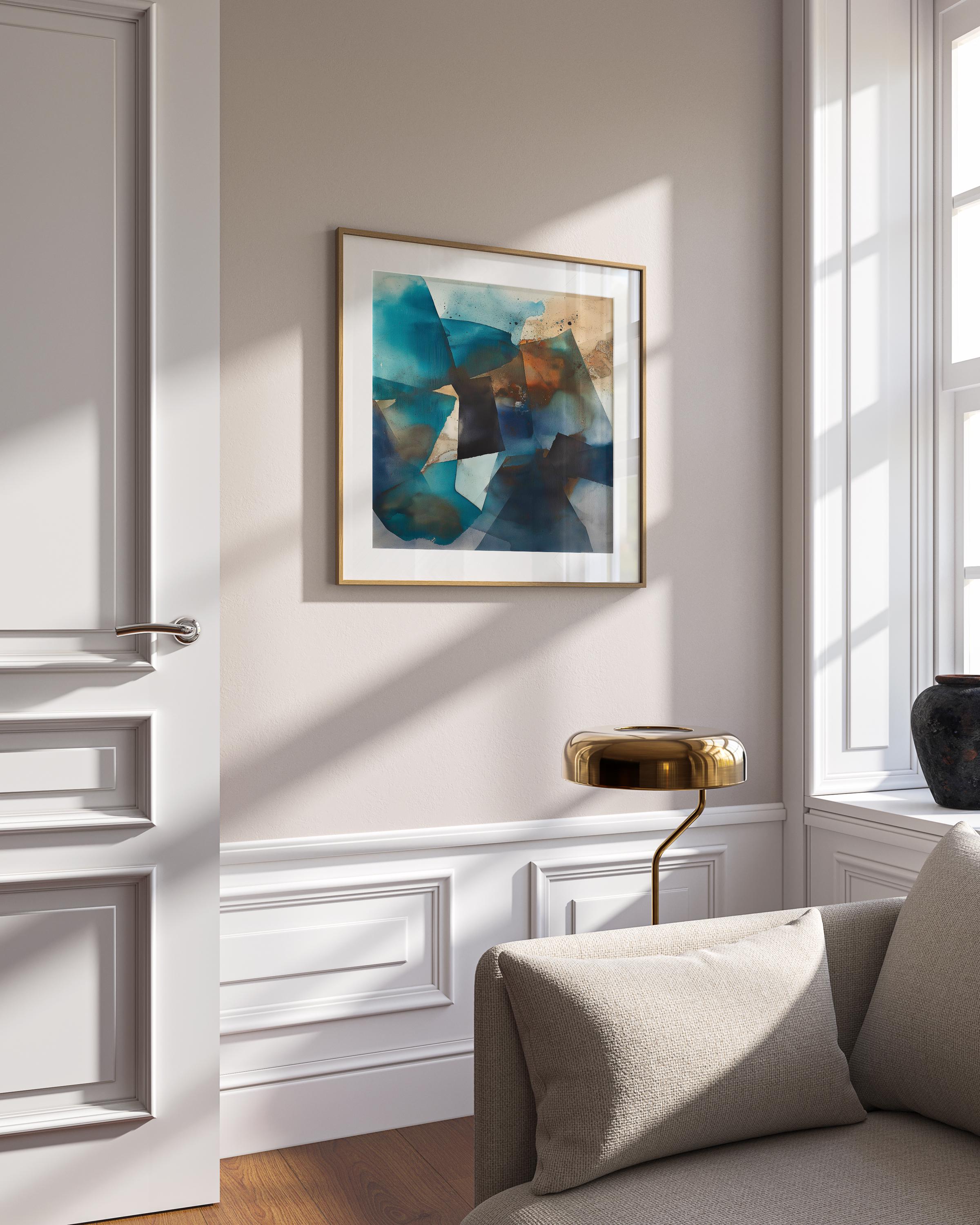Square abstract canvas in deep teal, navy, and rust tones with moody geometric layering; ideal for living rooms, offices, and contemporary interiors; gallery-wrapped canvas by Muse Studio.
