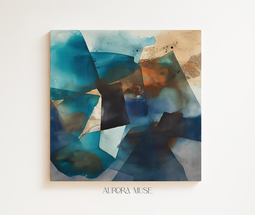 Square abstract canvas in deep teal, navy, and rust tones with moody geometric layering; ideal for living rooms, offices, and contemporary interiors; gallery-wrapped canvas by Muse Studio.
